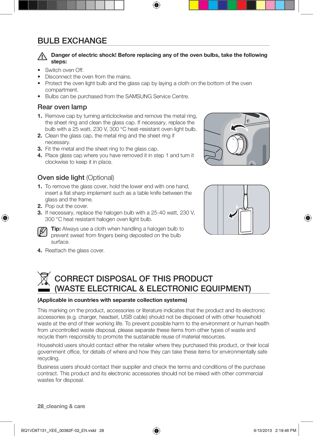 Samsung NV6986BJUSR/EE, BQ1VD6T131/XEE manual Bulb Exchange, Rear oven lamp, Oven side light Optional 