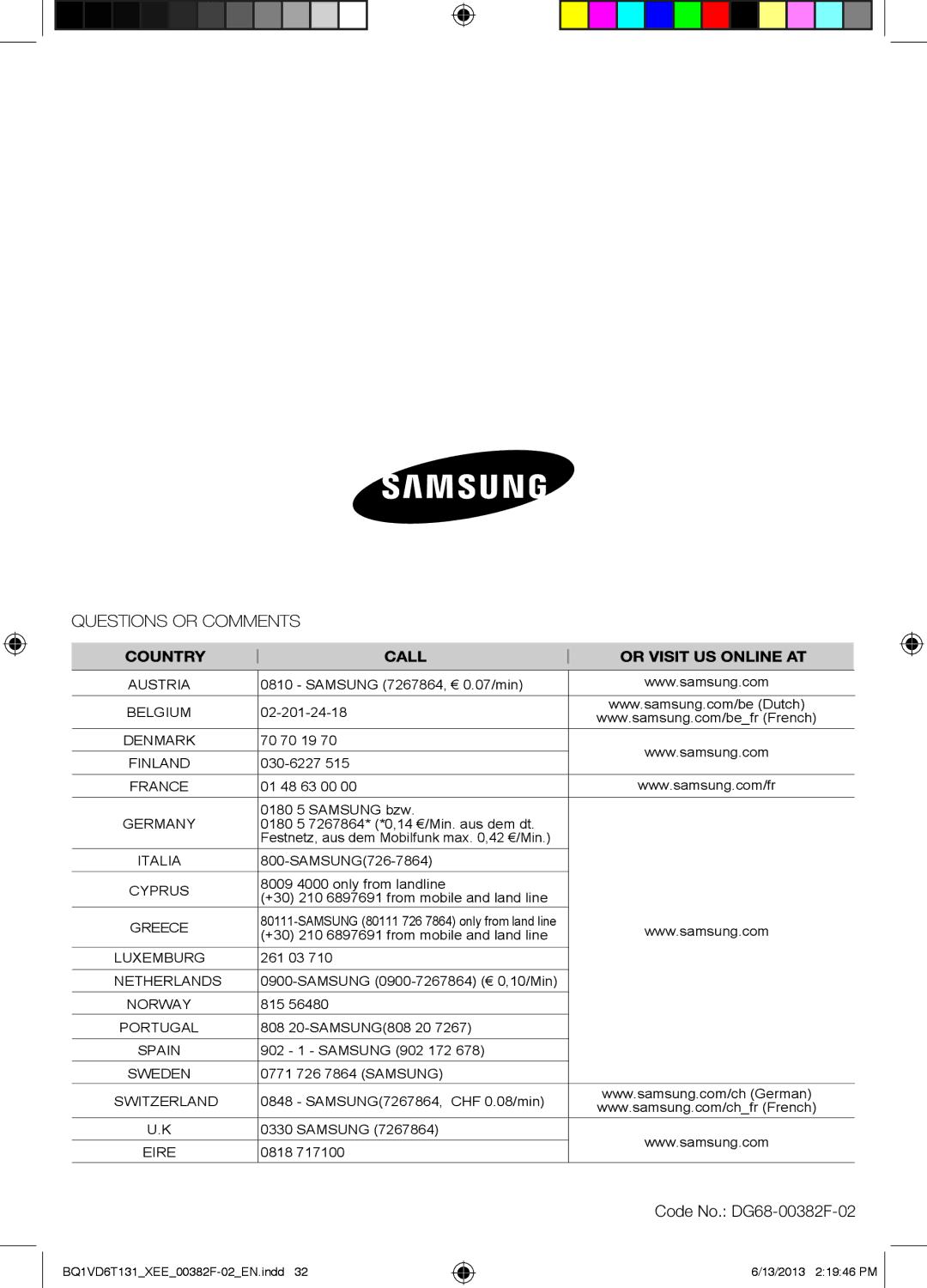 Samsung NV6986BJUSR/EE, BQ1VD6T131/XEE manual Code No. DG68-00382F-02 