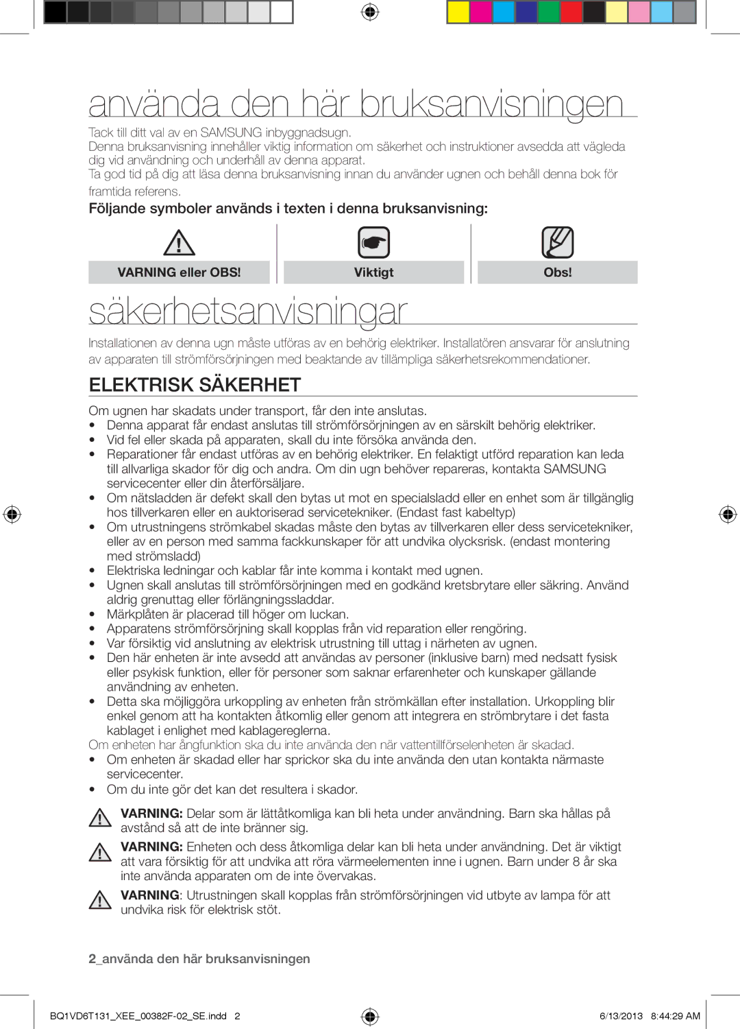 Samsung NV6986BJUSR/EE Använda den här bruksanvisningen, Säkerhetsanvisningar, Elektrisk säkerhet, Varning eller OBS, Obs 