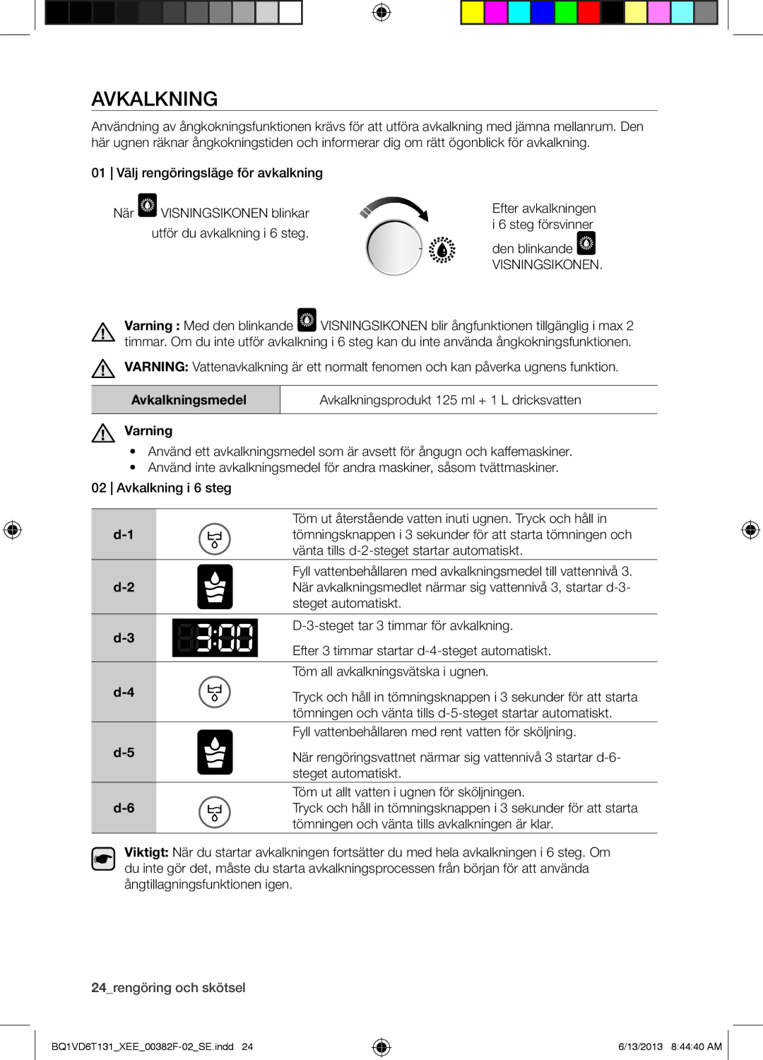 Samsung NV6986BJUSR/EE, BQ1VD6T131/XEE manual Avkalkning, Den blinkande, Steg försvinner 