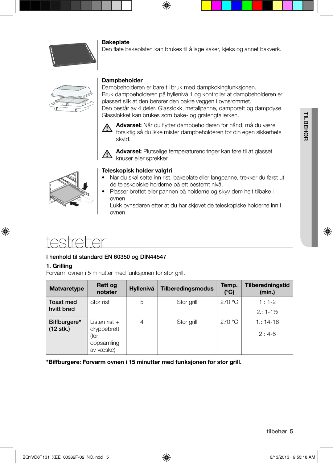 Samsung BQ1VD6T131/XEE, NV6986BJUSR/EE manual Testretter 