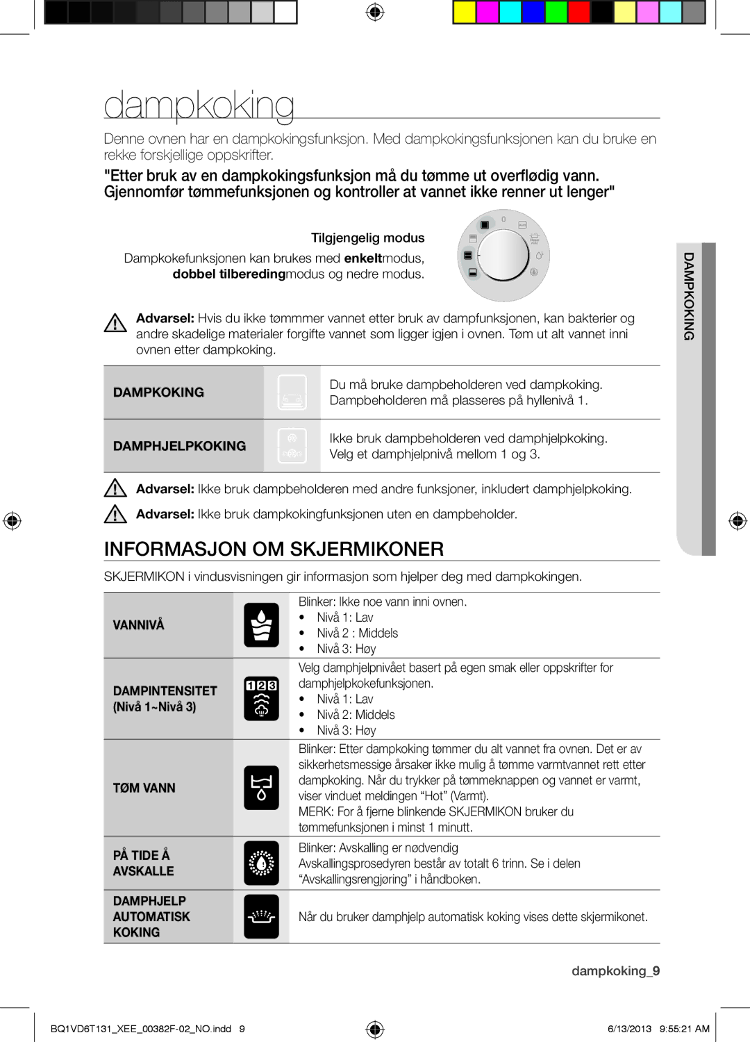 Samsung BQ1VD6T131/XEE, NV6986BJUSR/EE manual Dampkoking, Informasjon OM Skjermikoner 