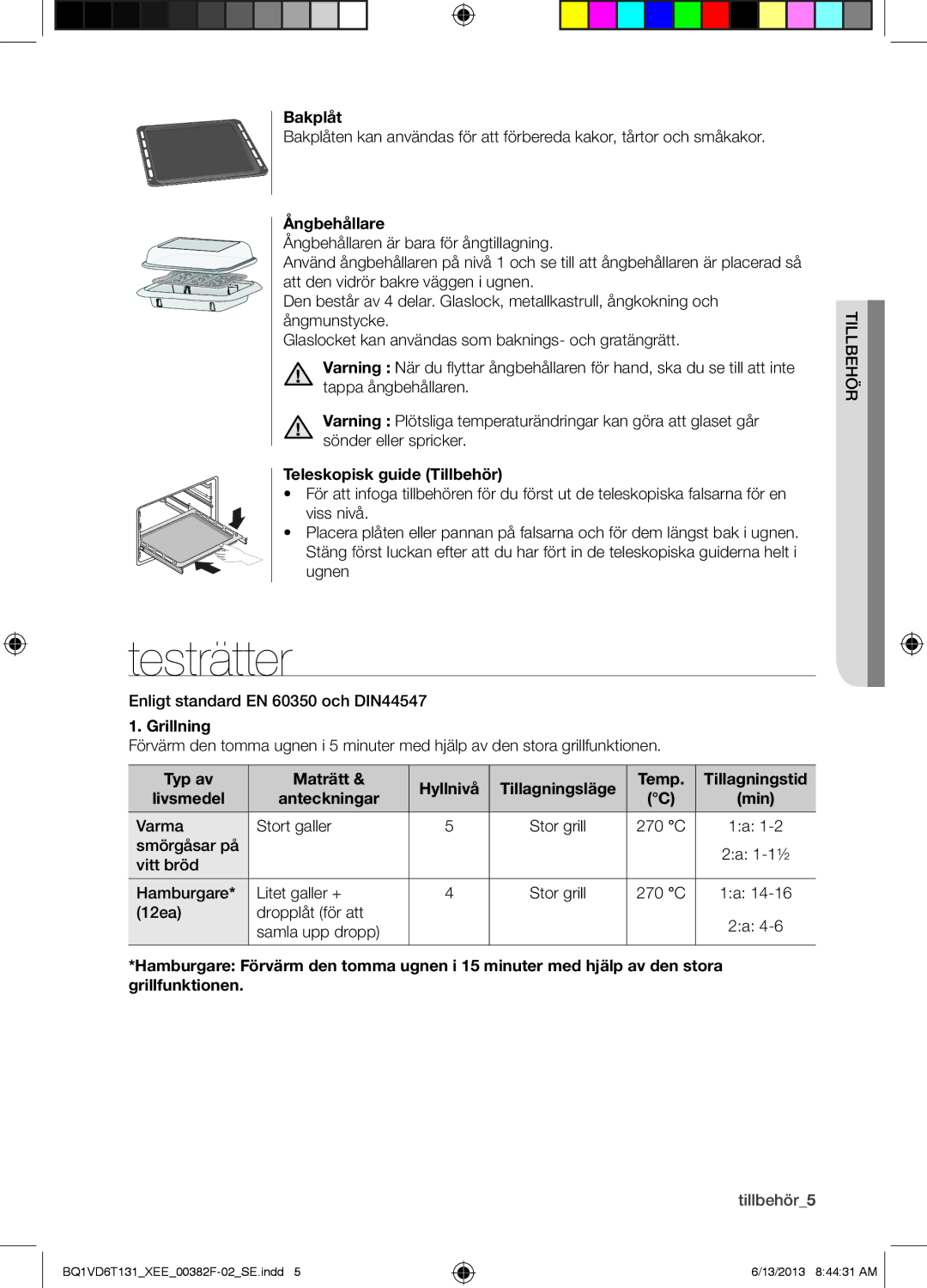 Samsung BQ1VD6T131/XEE, NV6986BJUSR/EE manual Testrätter, Bakplåt, Ångbehållare, Teleskopisk guide Tillbehör, Grillning 