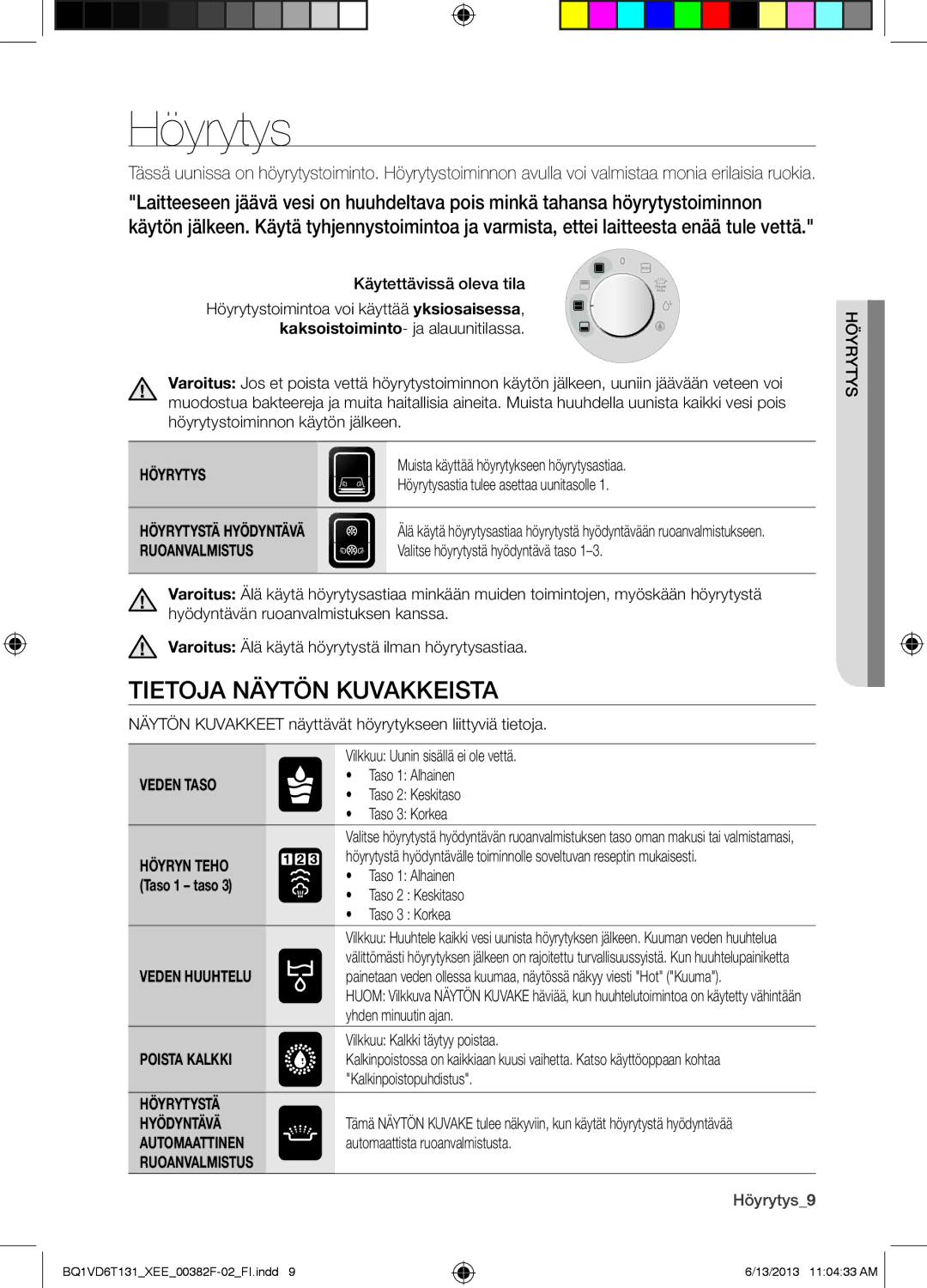 Samsung BQ1VD6T131/XEE, NV6986BJUSR/EE manual Höyrytys, Tietoja Näytön Kuvakkeista 