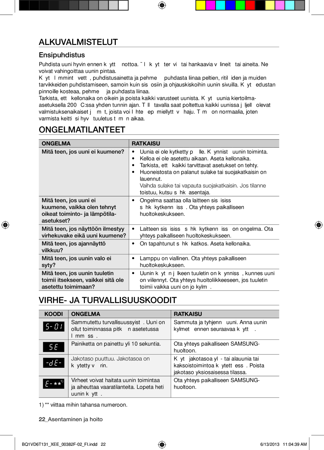 Samsung NV6986BJUSR/EE, BQ1VD6T131/XEE manual Alkuvalmistelut, Ongelmatilanteet, VIRHE- JA Turvallisuuskoodit, Ensipuhdistus 