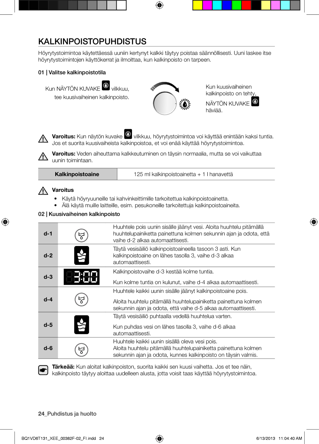 Samsung NV6986BJUSR/EE, BQ1VD6T131/XEE manual Kalkinpoistopuhdistus, Kalkinpoistoaine, Varoitus 