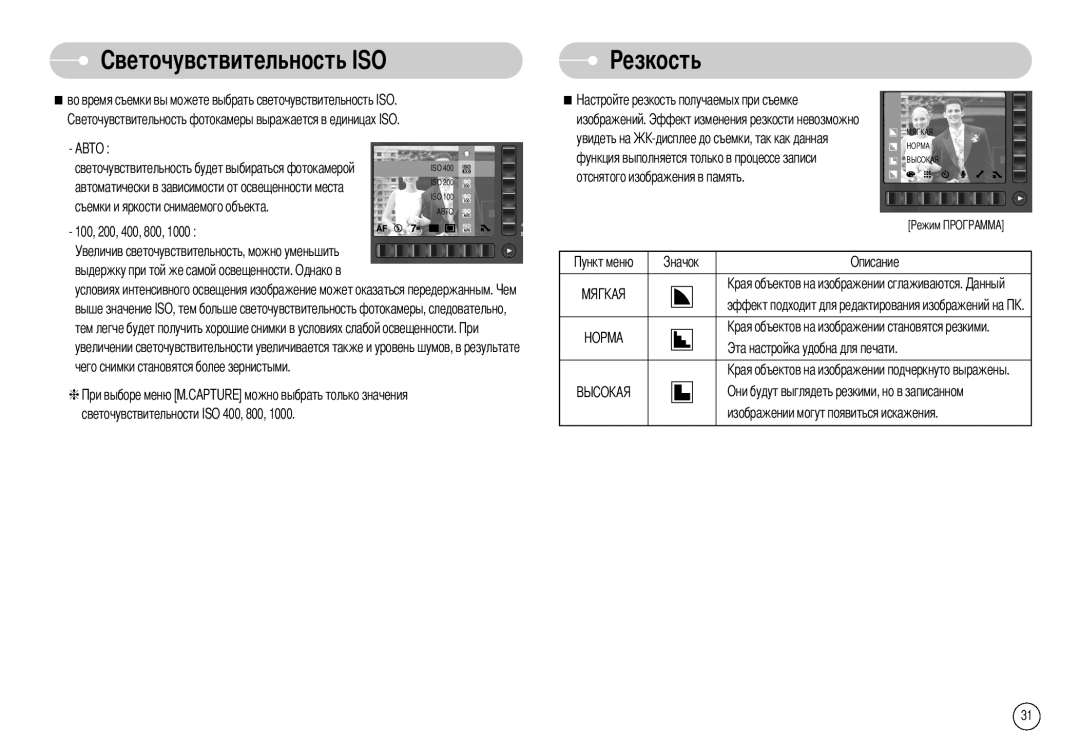 Samsung EC-NV7ZZBBB/RU manual Чувствительность ISO, Езкость, Светочувствительность будет выбираться фотокамерой 