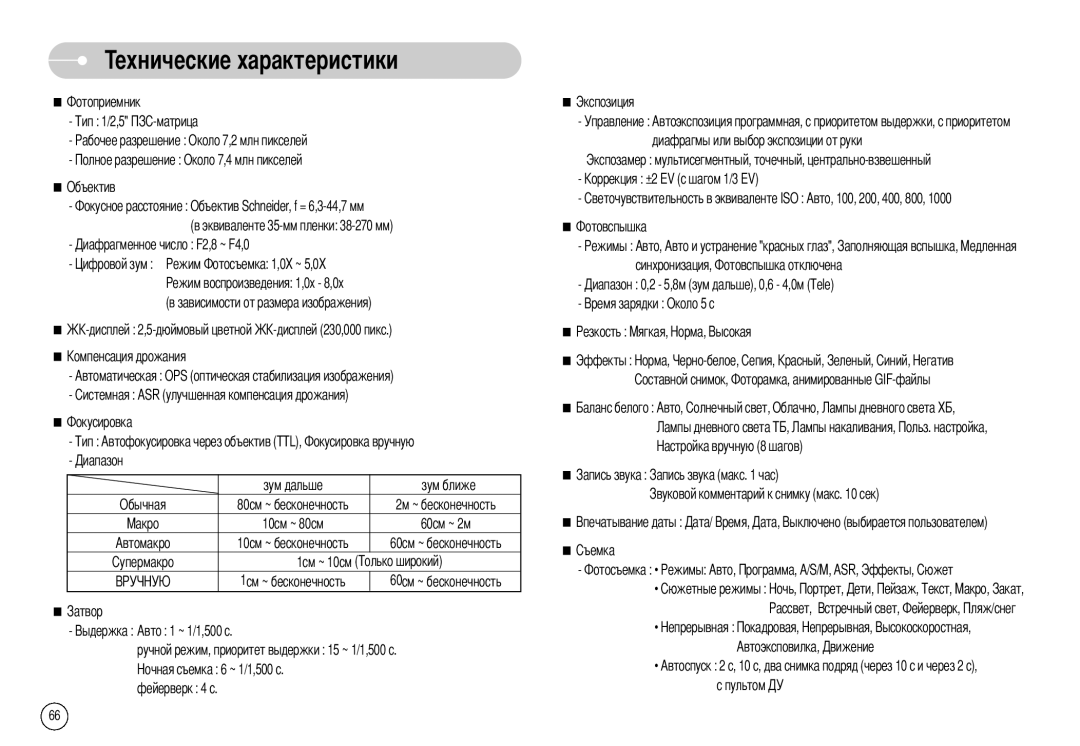 Samsung EC-NV7ZZBBC/RU, EC-NV7ZZBBB/RU, EC-NV7ZZBBR/E1 manual Ехнические характеристики, 10см ~ 80см 60см ~ 2м, 1см ~ 10см 