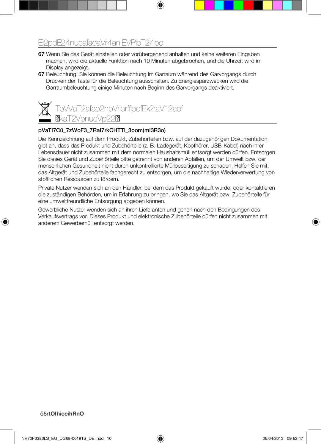 Samsung NV70F3383LS/EG manual Automatische Energiesparfunktion, Korrekte Entsorgung VON Altgeräten Elektroschrott 