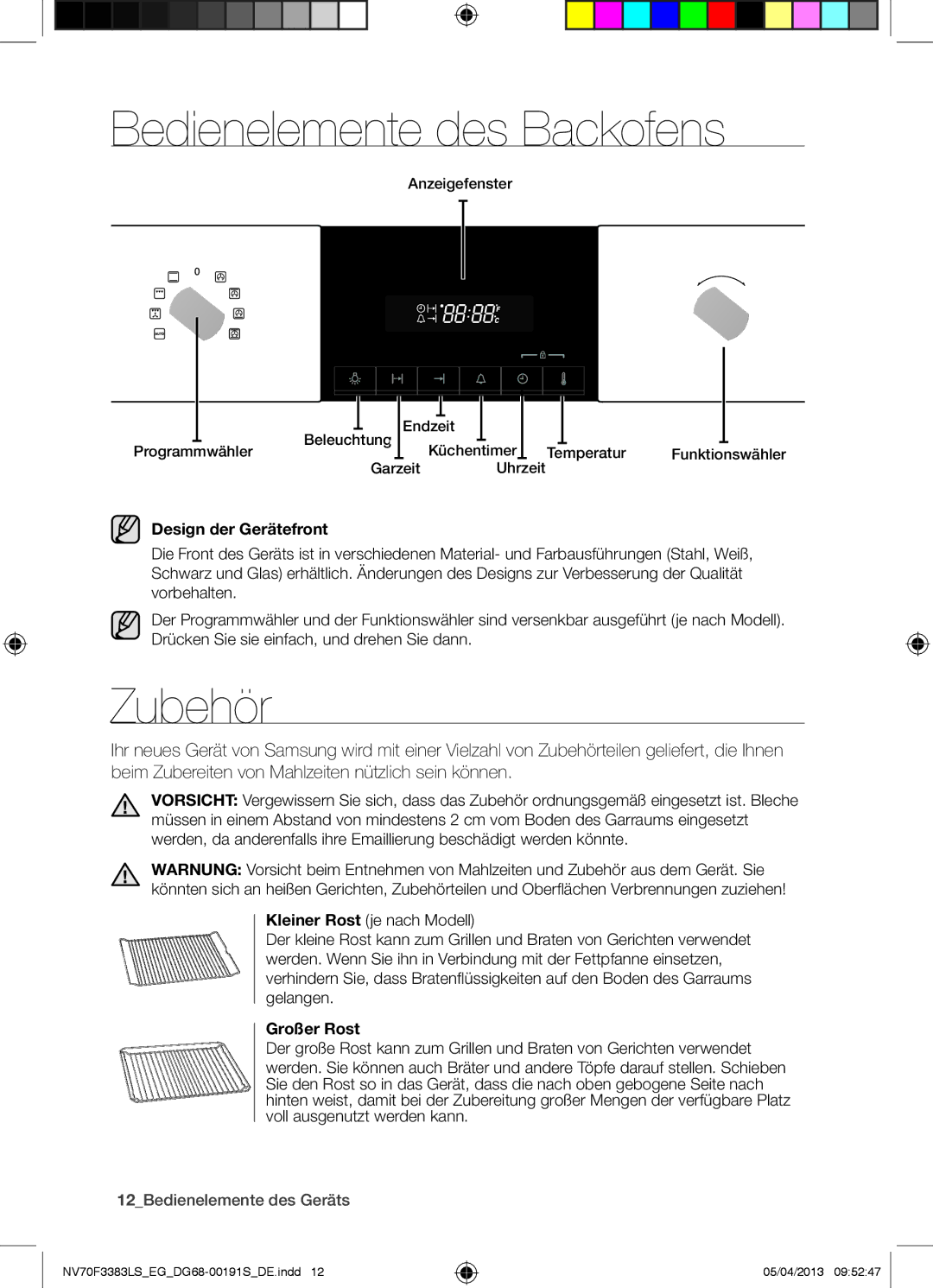 Samsung NV70F3383LS/EG manual Bedienelemente des Backofens, Zubehör, Design der Gerätefront, Großer Rost 