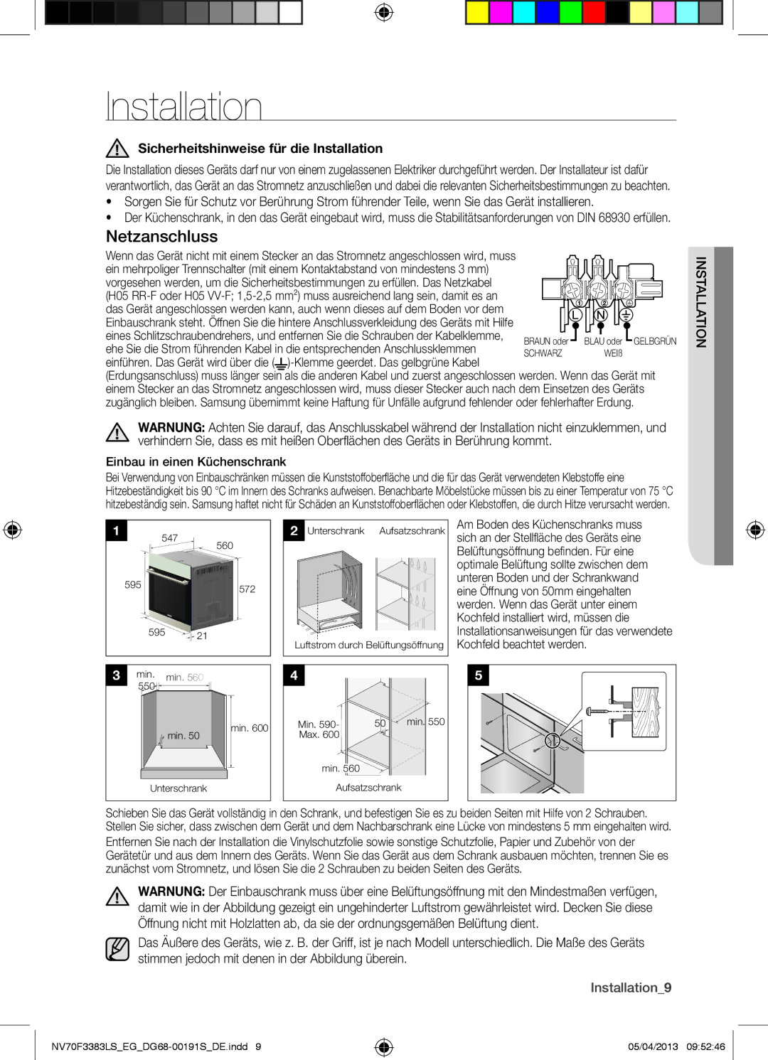 Samsung NV70F3383LS/EG Sicherheitshinweise für die Installation, Io Installat, Klemme geerdet. Das gelbgrüne Kabel 