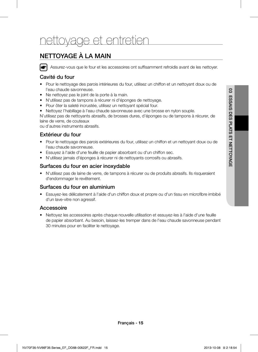 Samsung NV70F3553LS/EF manual Nettoyage et entretien, Nettoyage À LA Main 