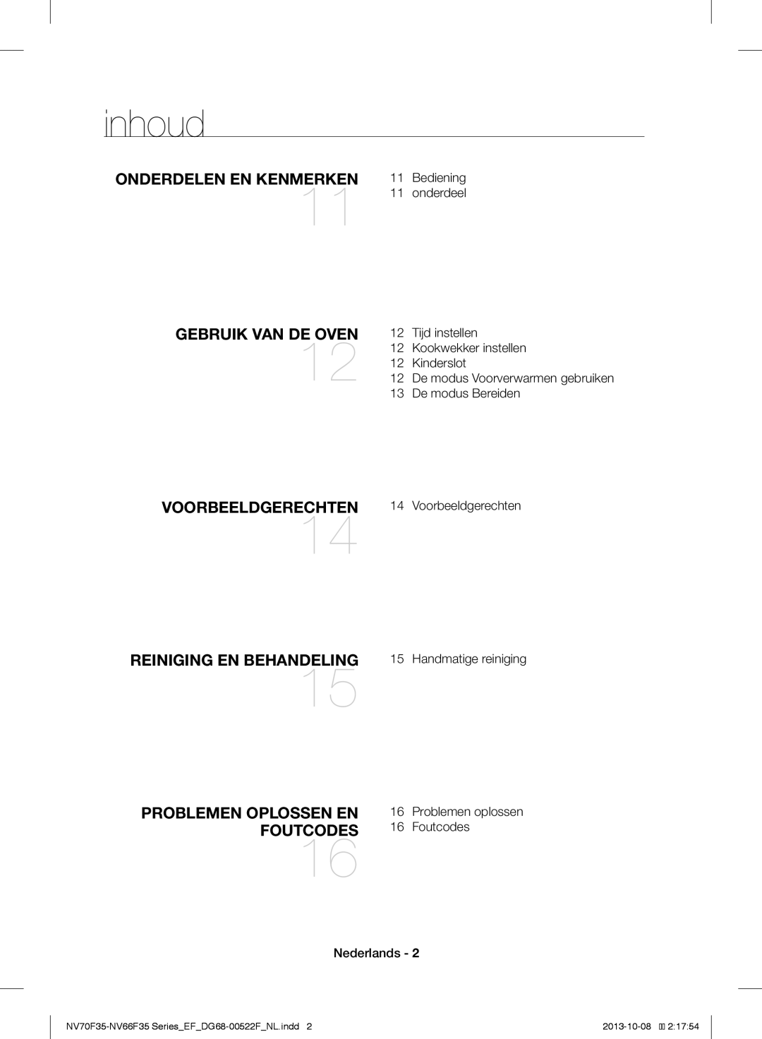 Samsung NV70F3553LS/EF manual Inhoud 