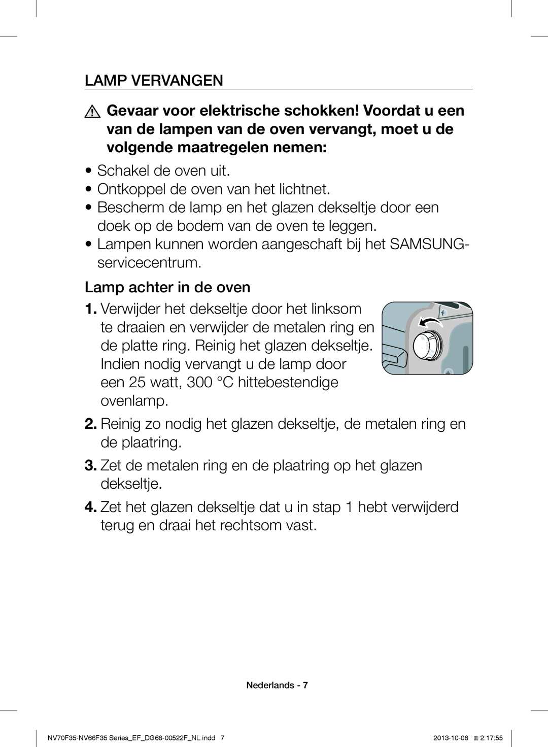 Samsung NV70F3553LS/EF manual Lamp Vervangen 