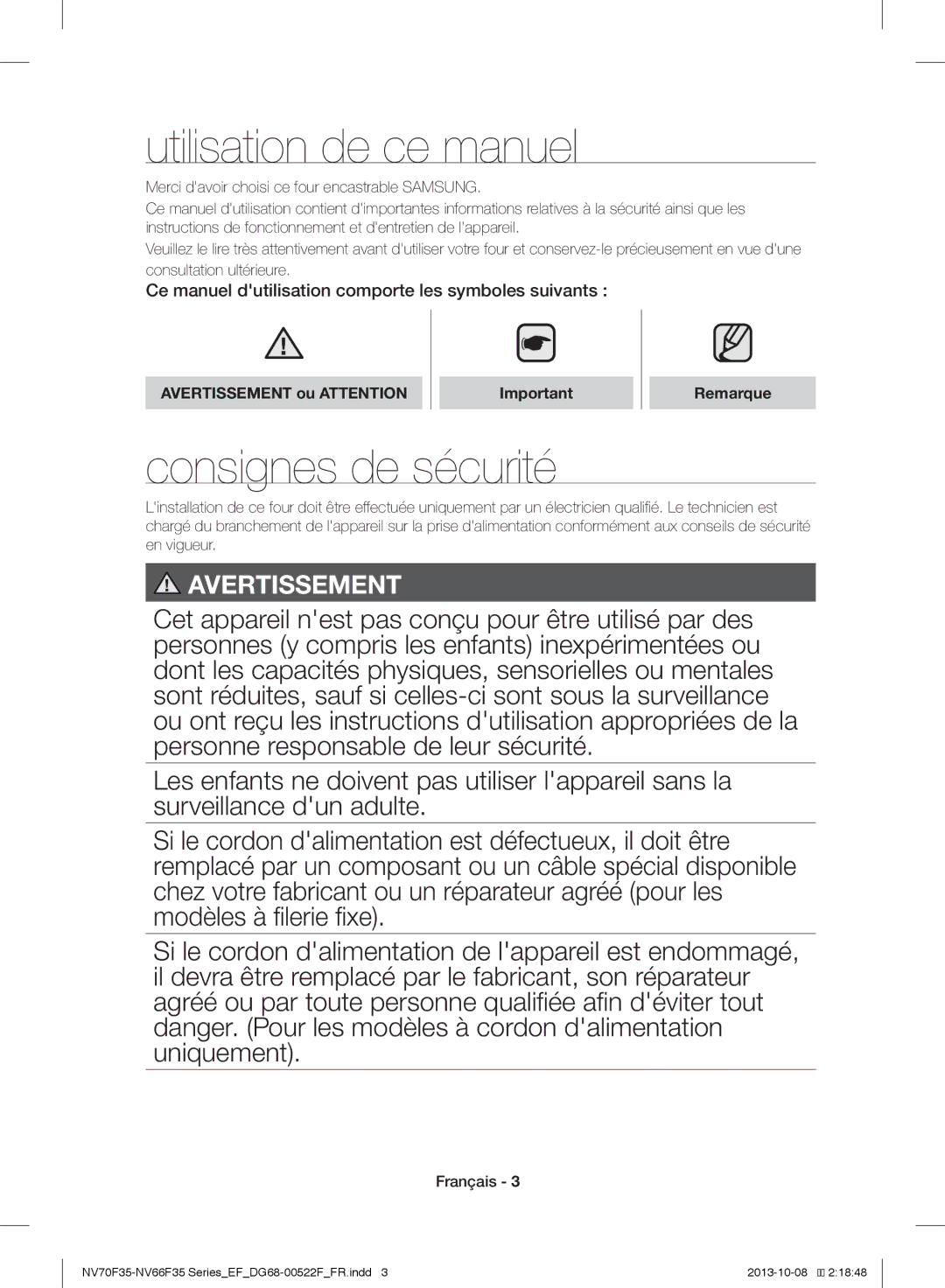 Samsung NV70F3553LS/EF manual Utilisation de ce manuel, Consignes de sécurité, Avertissement ou Attention Remarque 