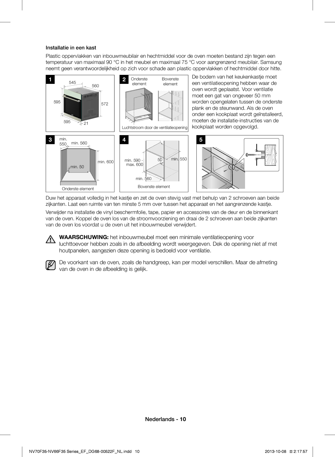 Samsung NV70F3553LS/EF manual Installatie in een kast 