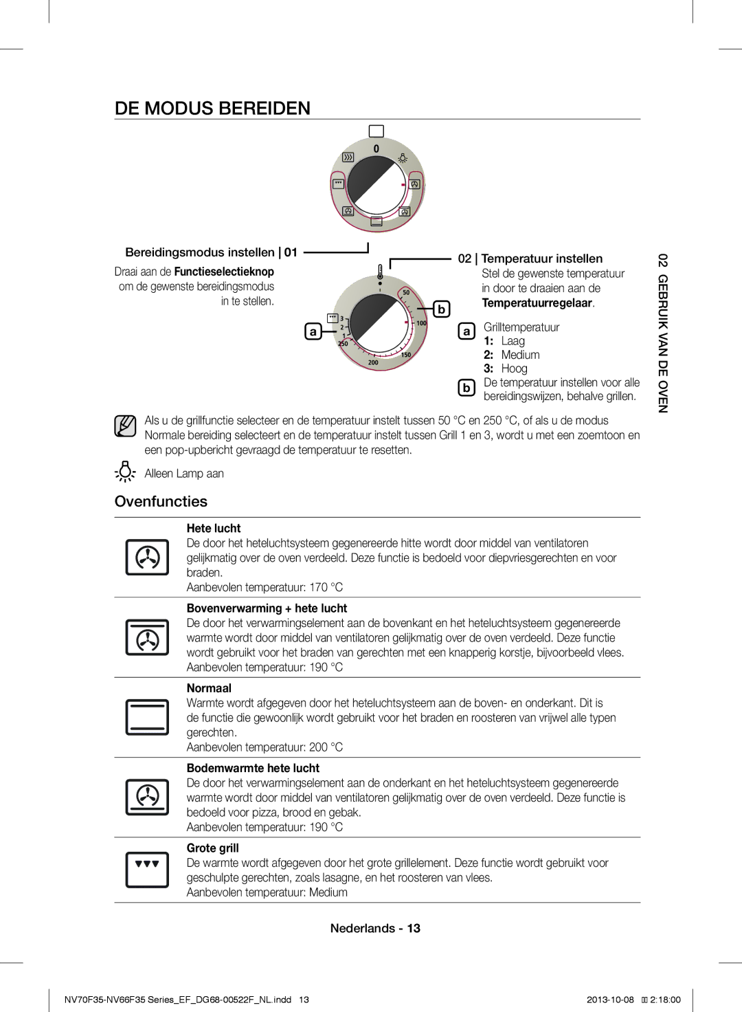 Samsung NV70F3553LS/EF manual DE Modus Bereiden, Ovenfuncties 