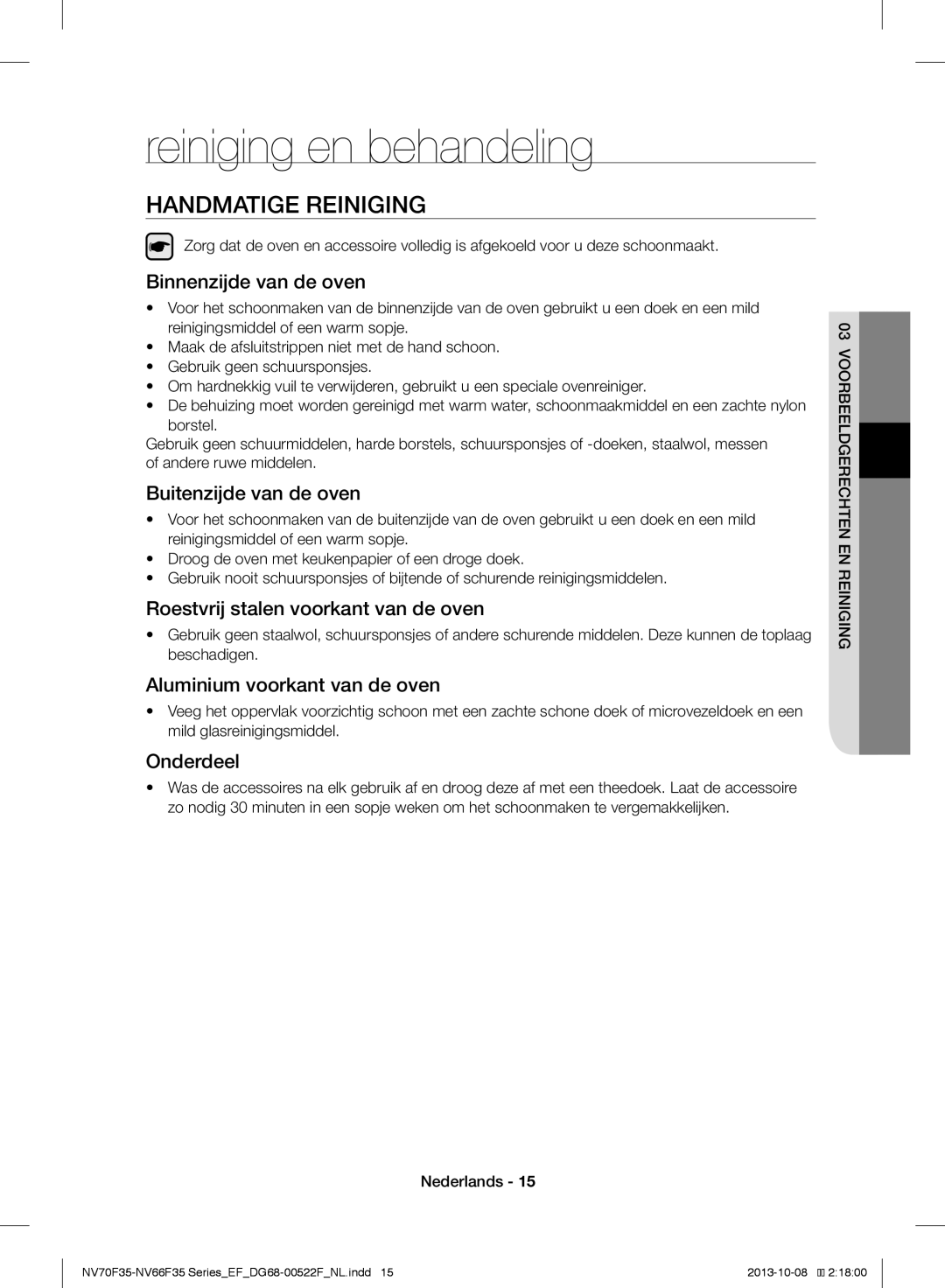 Samsung NV70F3553LS/EF manual Reiniging en behandeling, Handmatige Reiniging 