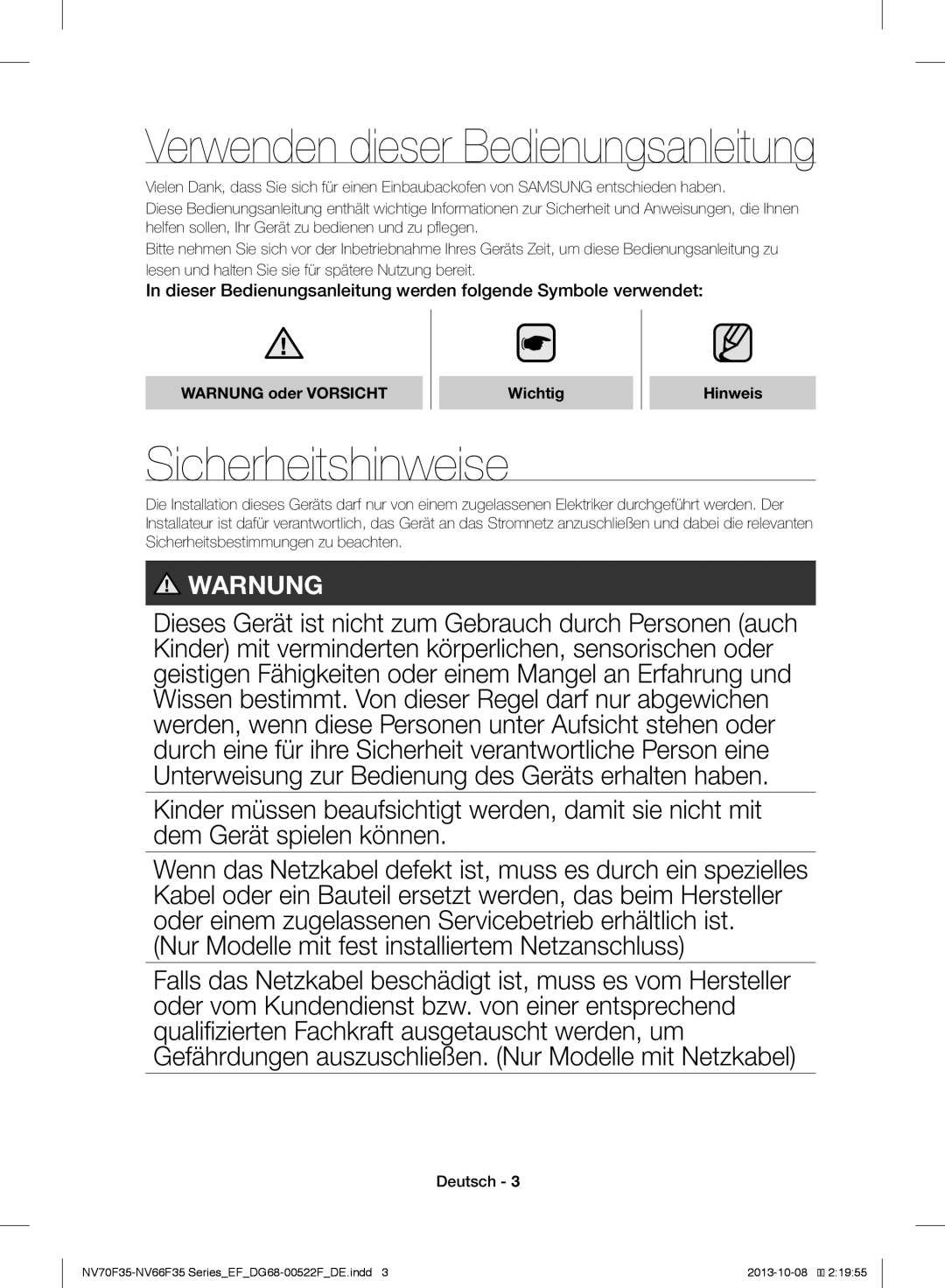 Samsung NV70F3553LS/EF manual Sicherheitshinweise, Warnung oder Vorsicht Wichtig Hinweis 