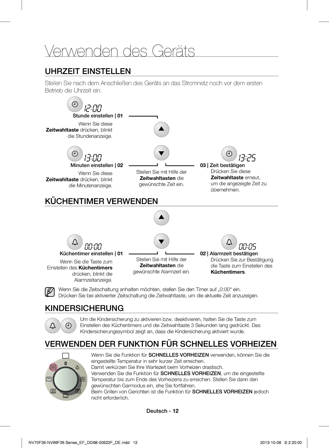 Samsung NV70F3553LS/EF manual Verwenden des Geräts, Uhrzeit Einstellen, Küchentimer Verwenden, Kindersicherung 