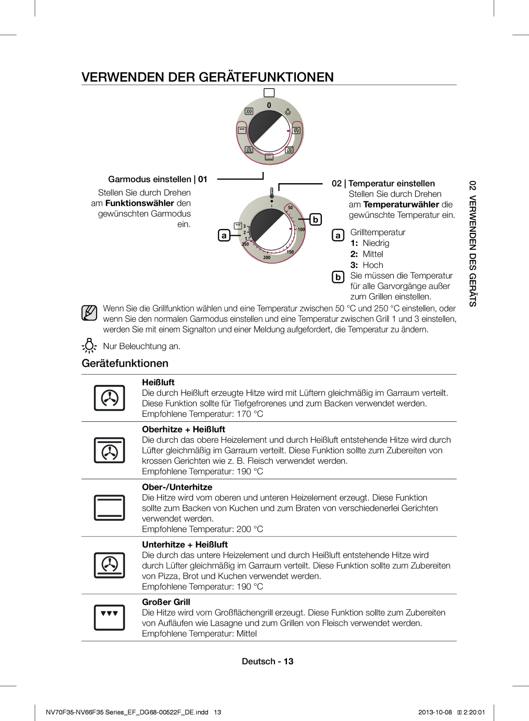 Samsung NV70F3553LS/EF manual Verwenden DER Gerätefunktionen 