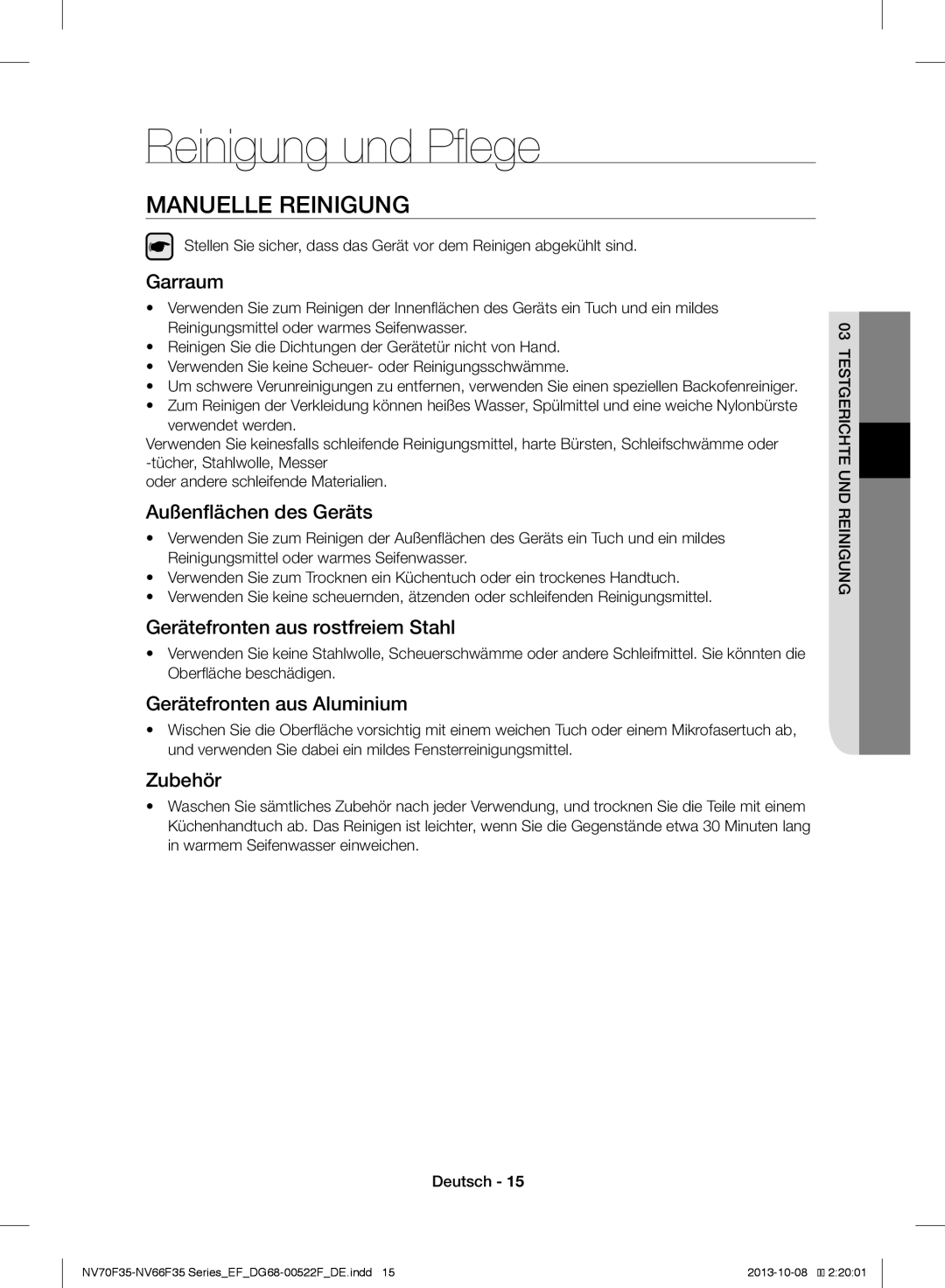 Samsung NV70F3553LS/EF manual Reinigung und Pflege, Manuelle Reinigung 