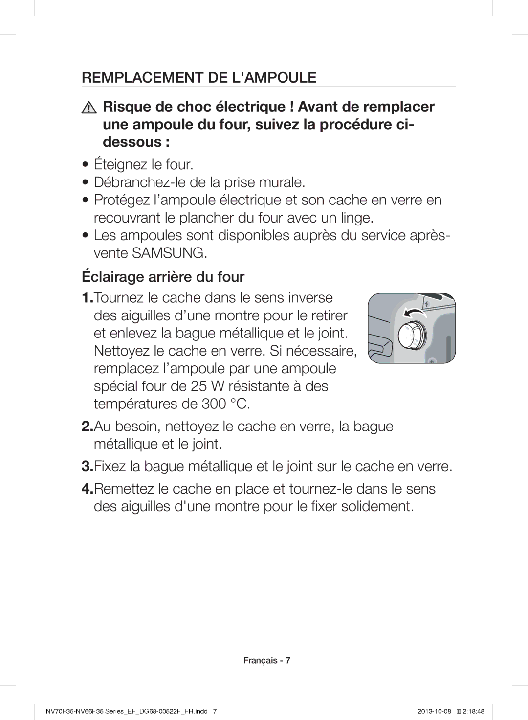 Samsung NV70F3553LS/EF manual Remplacement DE Lampoule 