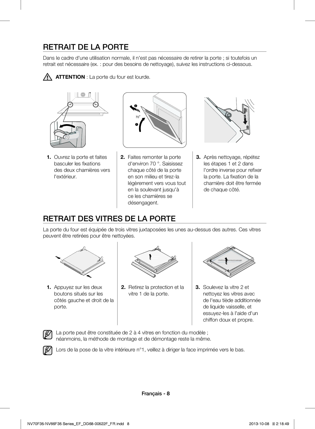 Samsung NV70F3553LS/EF manual Retrait DE LA Porte, Retrait DES Vitres DE LA Porte 