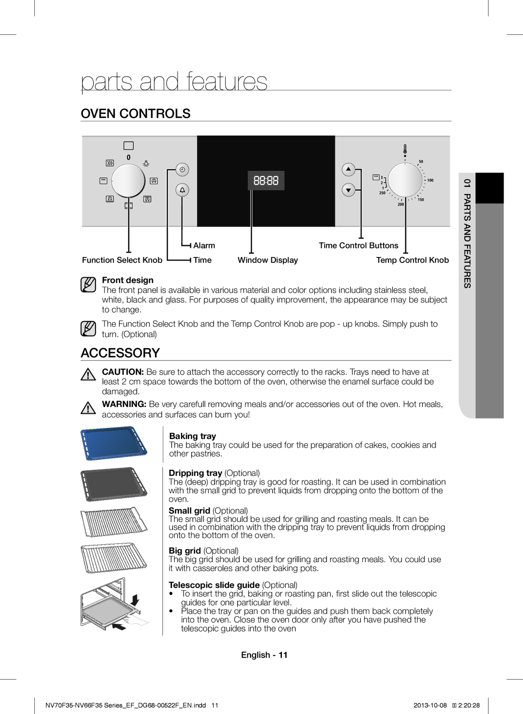 Samsung NV70F3553LS/EF manual Parts and features, Oven Controls, Accessory 