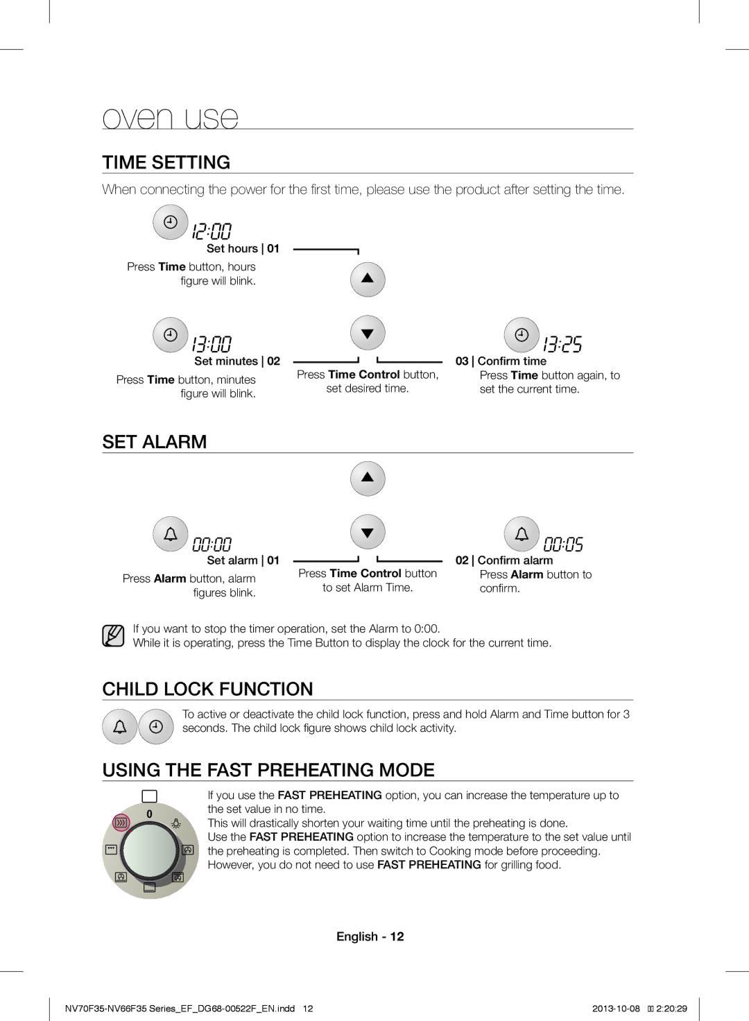 Samsung NV70F3553LS/EF manual Oven use, Time Setting, SET Alarm, Child Lock Function, Using the Fast Preheating Mode 