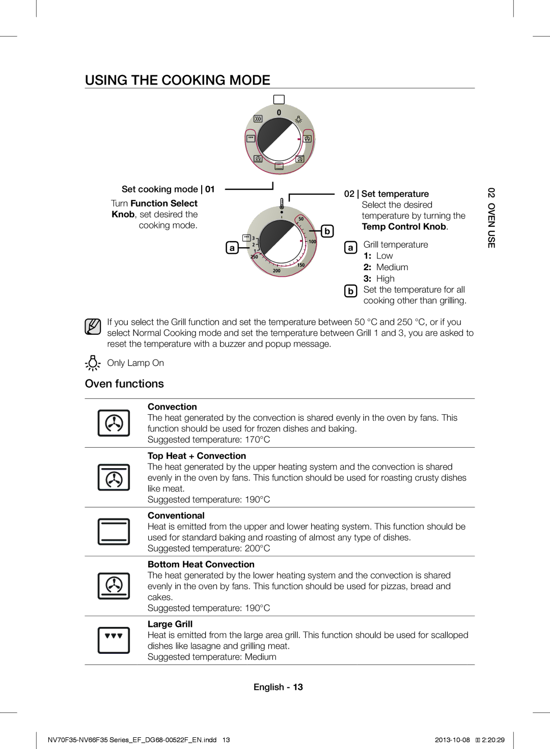 Samsung NV70F3553LS/EF manual Using the Cooking Mode, Oven functions 