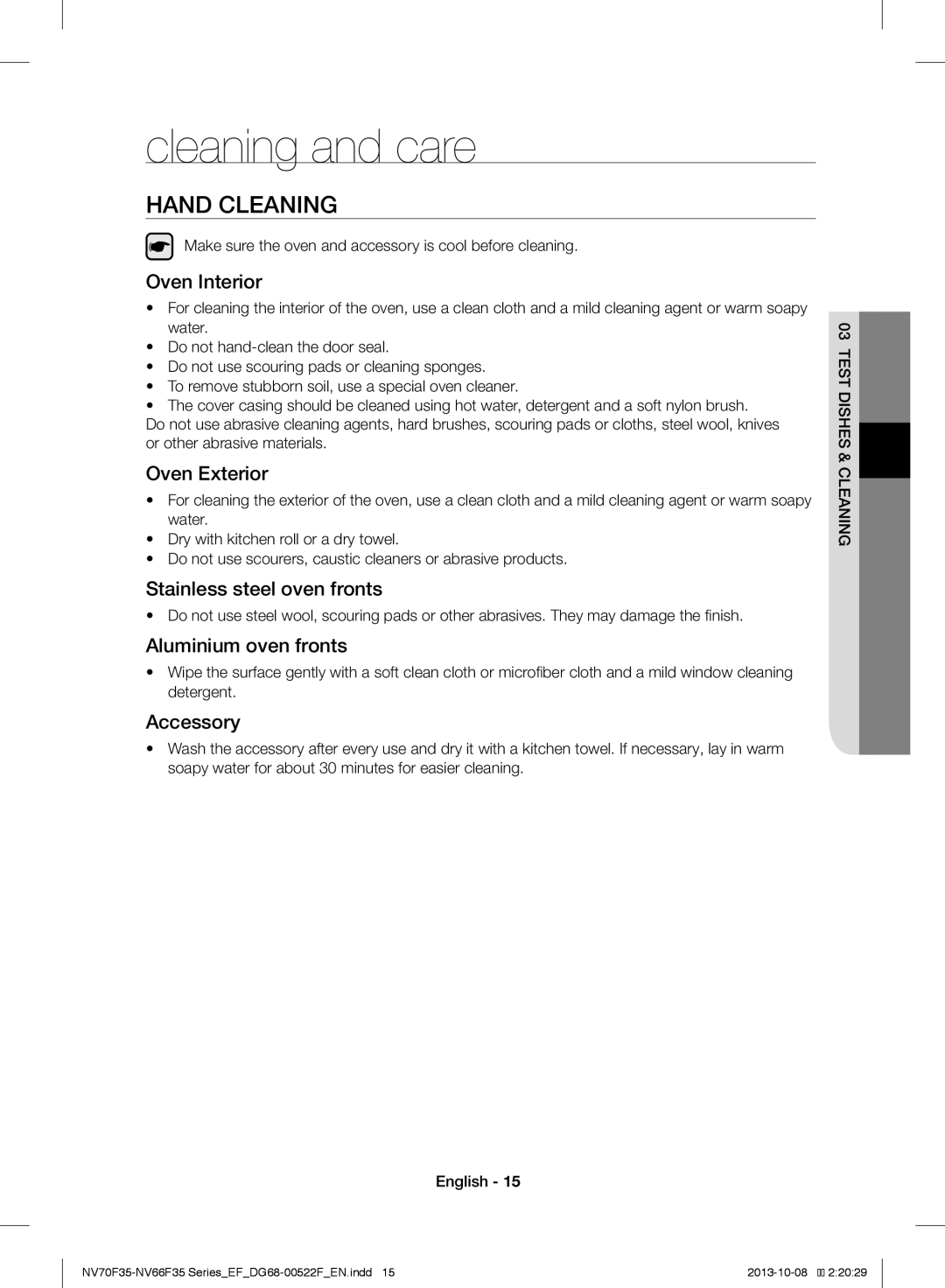 Samsung NV70F3553LS/EF manual Cleaning and care, Hand Cleaning 