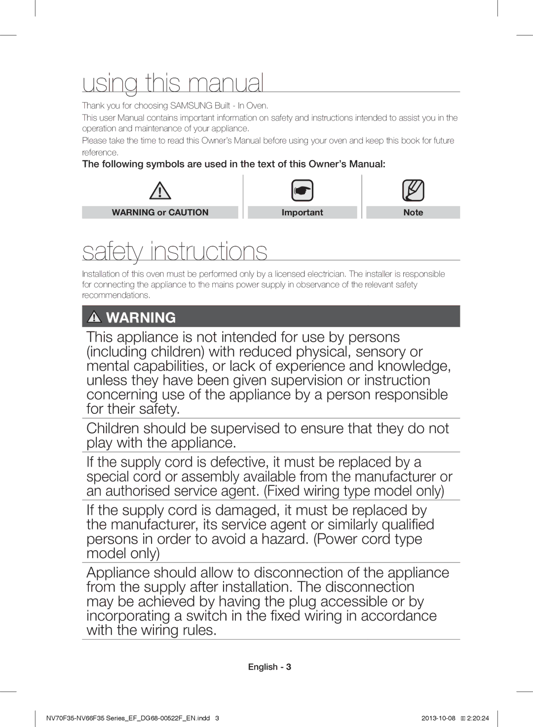 Samsung NV70F3553LS/EF Using this manual, Safety instructions 