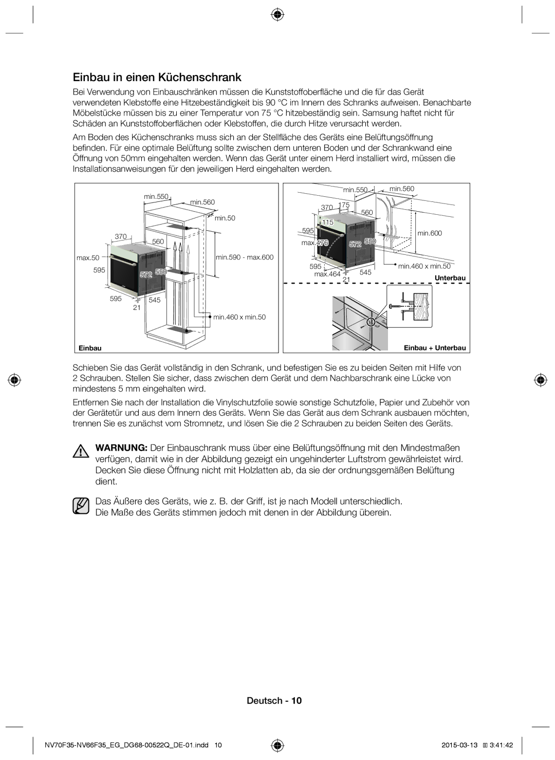 Samsung NV70F3581ES/EG, NV70F3581LS/EG manual Einbau in einen Küchenschrank 