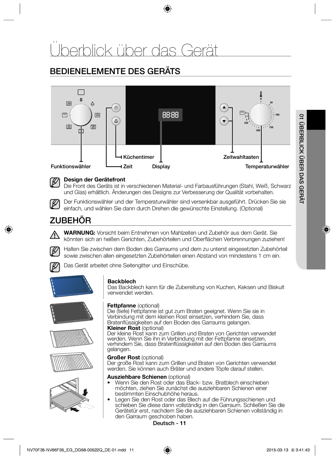 Samsung NV70F3581LS/EG, NV70F3581ES/EG manual Überblick über das Gerät, Bedienelemente des Geräts, Zubehör 