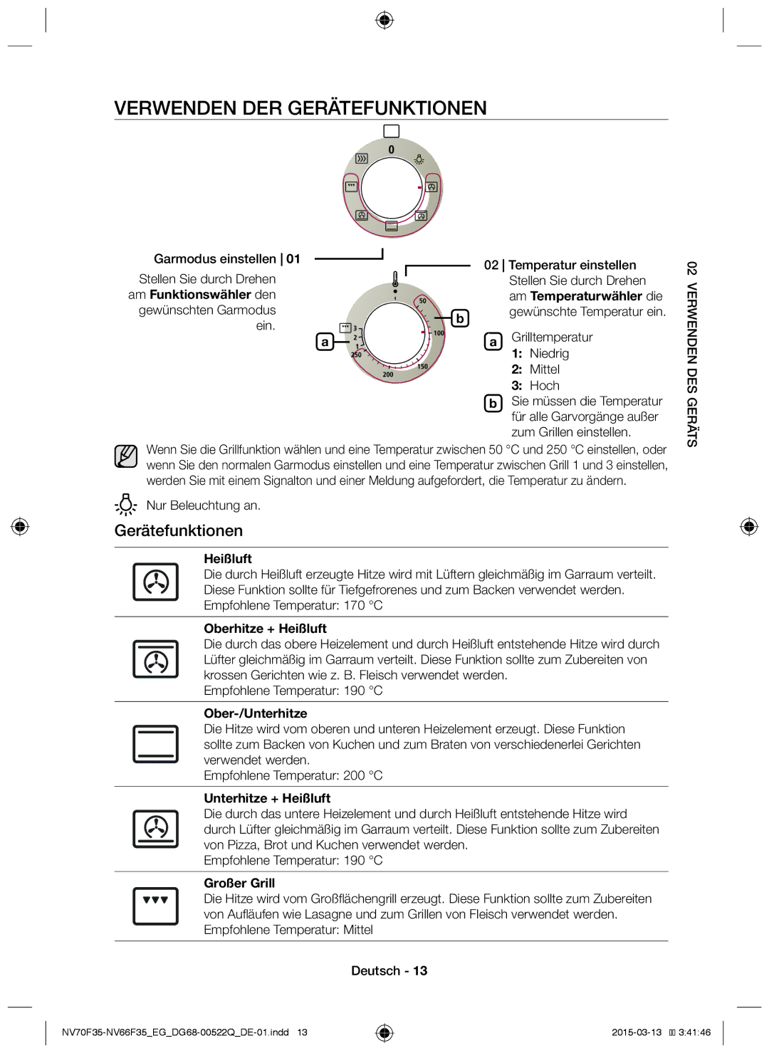 Samsung NV70F3581LS/EG, NV70F3581ES/EG manual Verwenden der Gerätefunktionen 