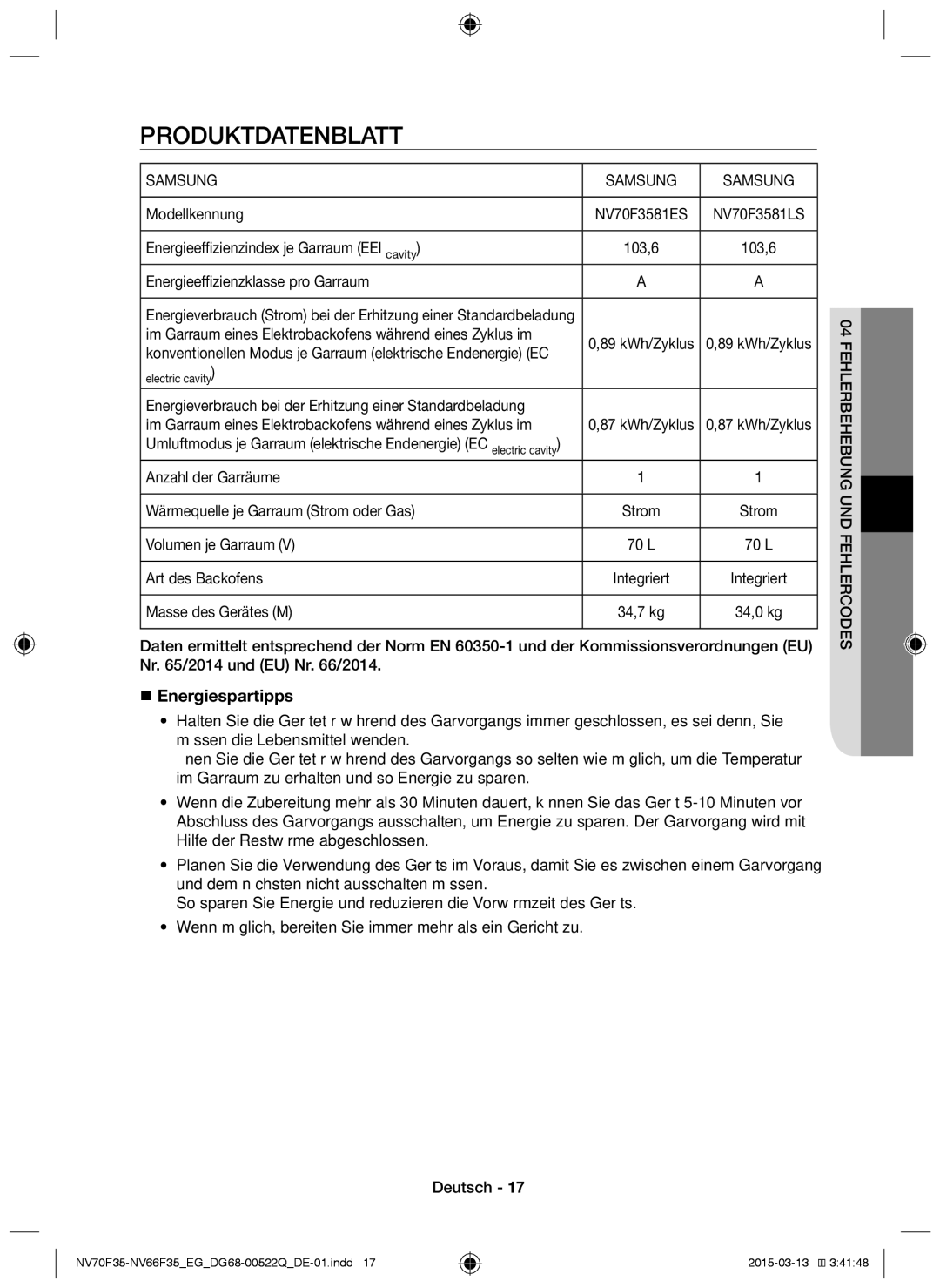 Samsung NV70F3581LS/EG, NV70F3581ES/EG manual Produktdatenblatt,  Energiespartipps 