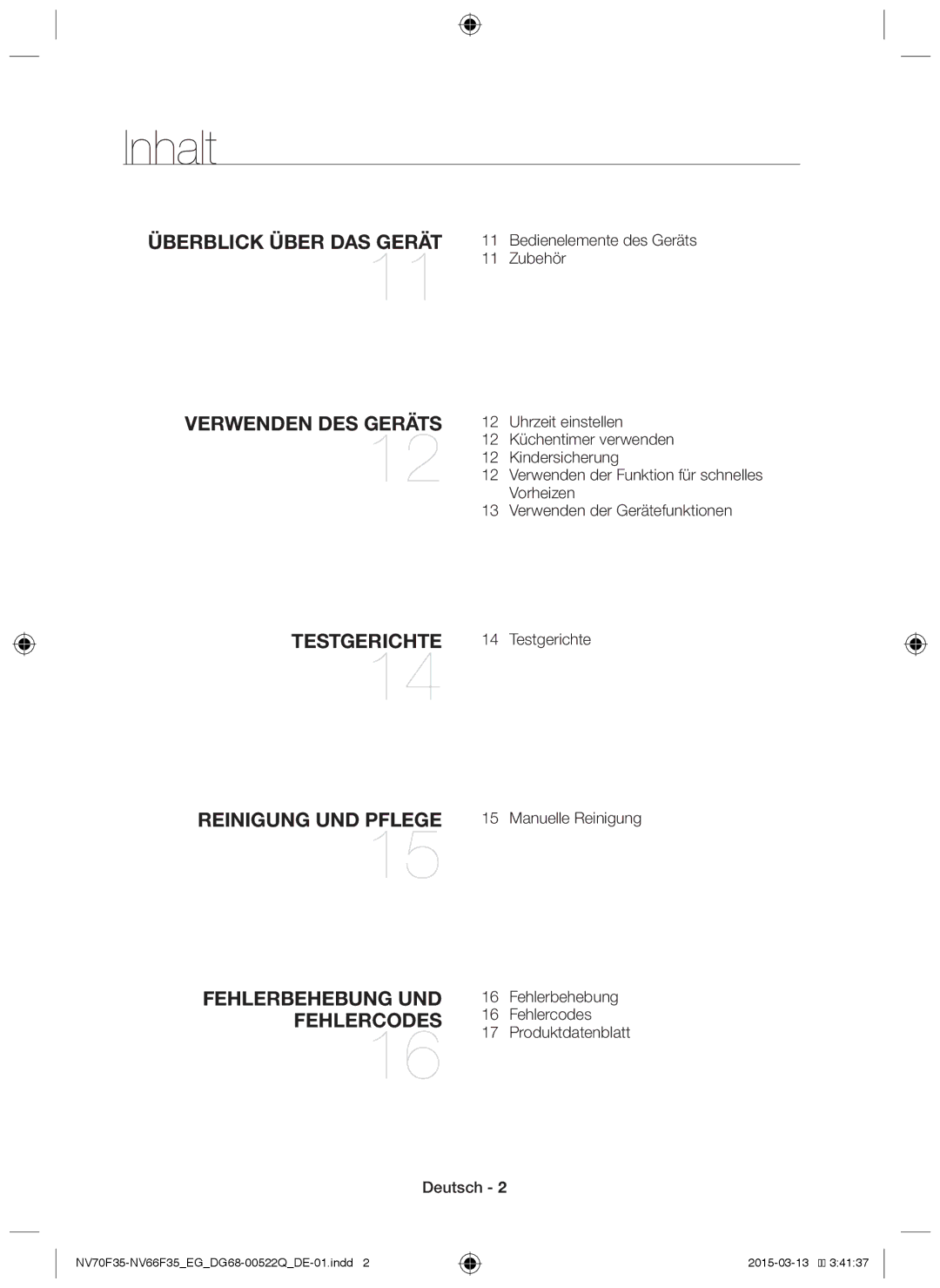 Samsung NV70F3581ES/EG, NV70F3581LS/EG manual Inhalt 