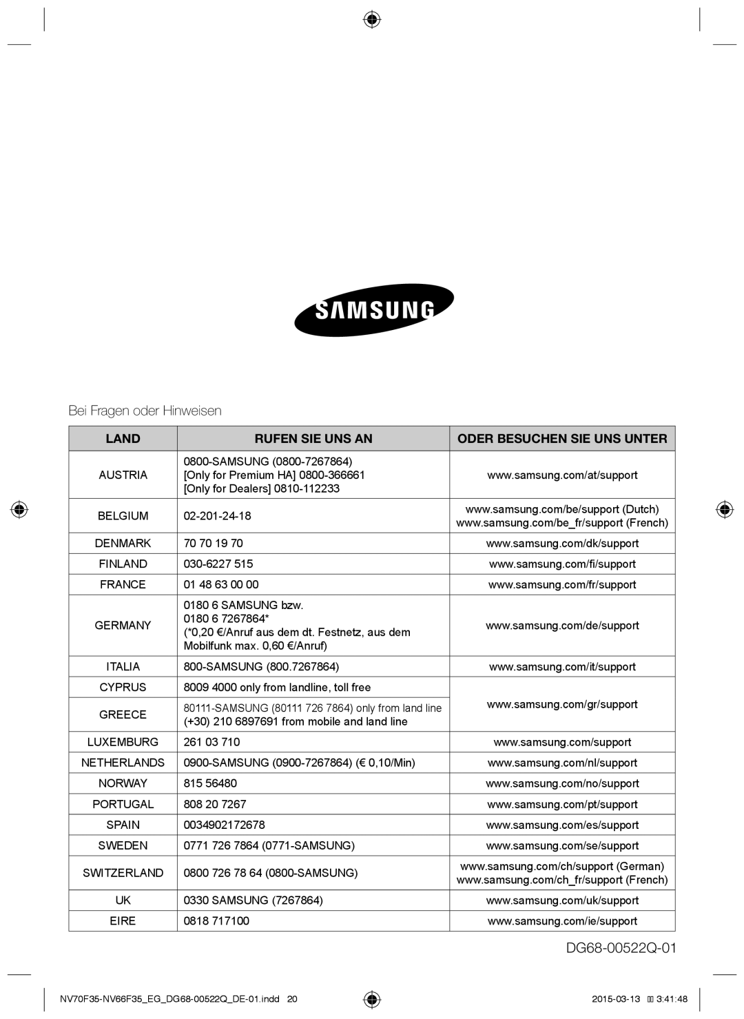 Samsung NV70F3581ES/EG, NV70F3581LS/EG manual Bei Fragen oder Hinweisen 