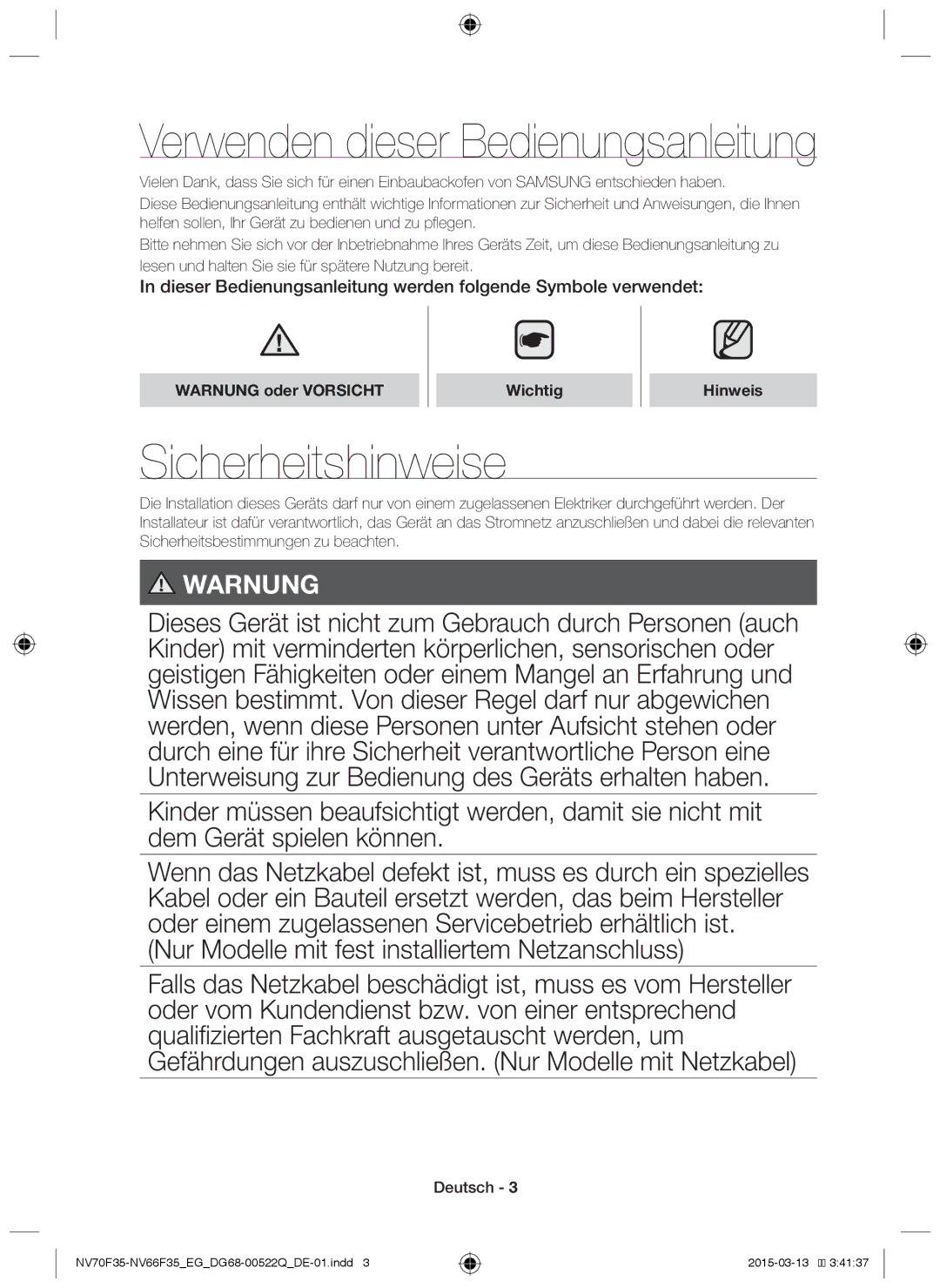 Samsung NV70F3581LS/EG, NV70F3581ES/EG manual Sicherheitshinweise, Warnung oder Vorsicht Wichtig Hinweis 