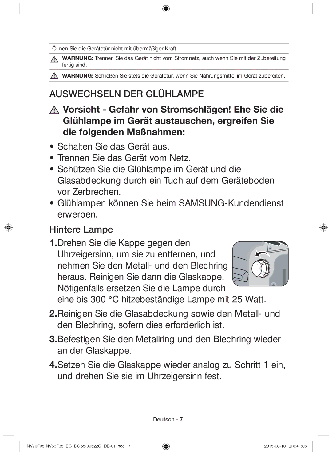 Samsung NV70F3581LS/EG, NV70F3581ES/EG manual Auswechseln der Glühlampe 