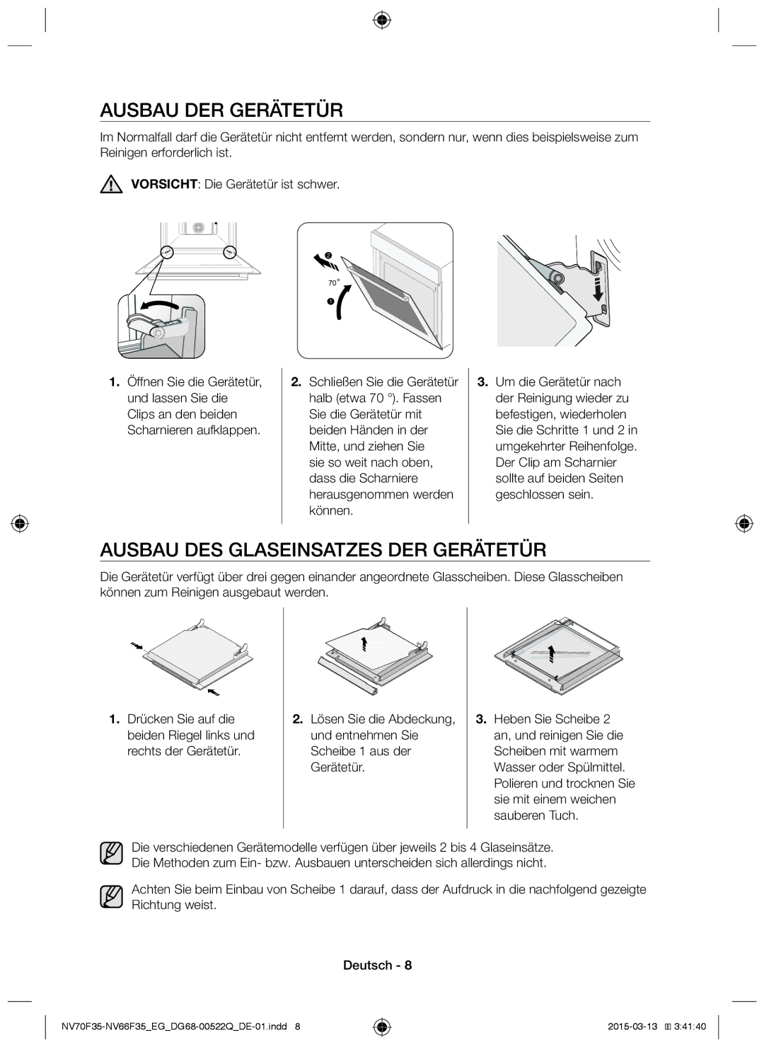 Samsung NV70F3581ES/EG, NV70F3581LS/EG manual Ausbau der Gerätetür, Ausbau des Glaseinsatzes der Gerätetür 