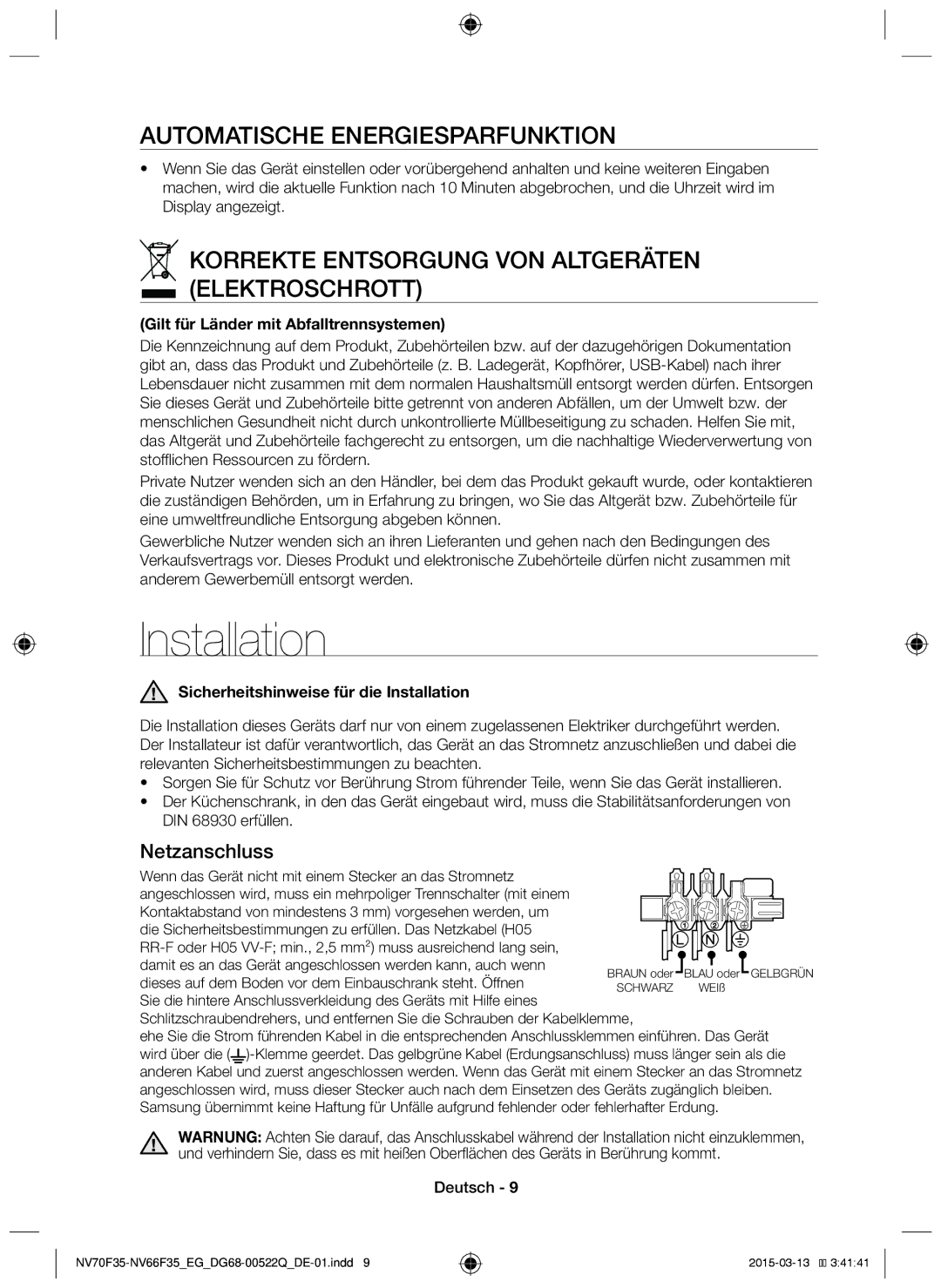 Samsung NV70F3581LS/EG, NV70F3581ES/EG manual Installation, Korrekte Entsorgung von Altgeräten Elektroschrott, Netzanschluss 