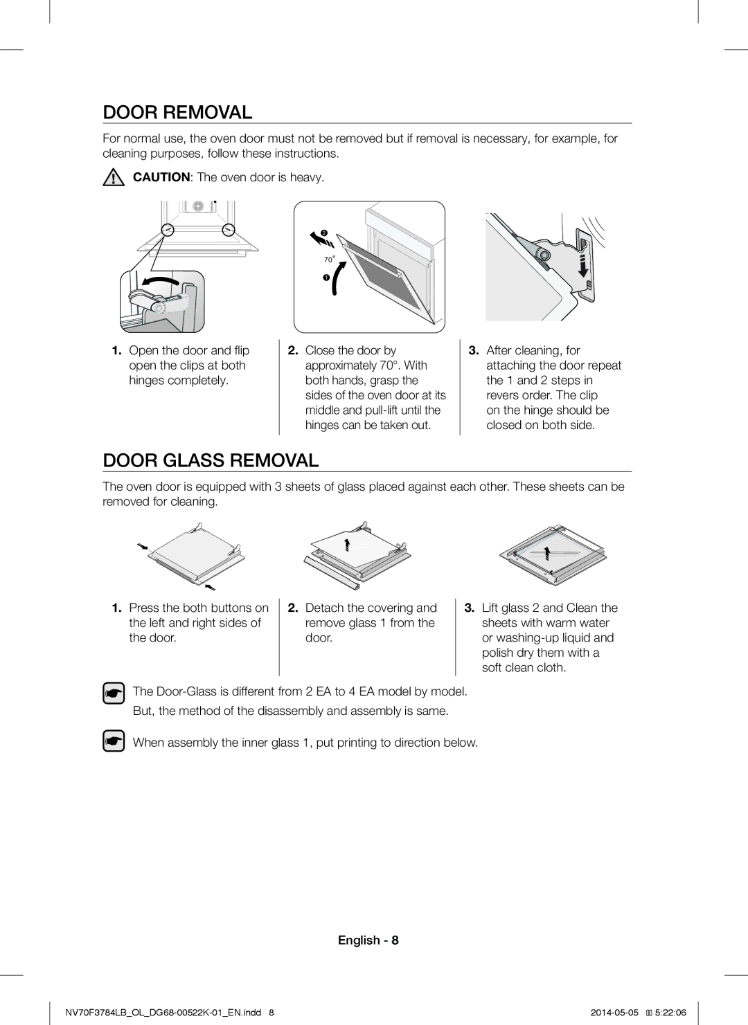 Samsung NV70F3784LB/OL manual Door Removal, Door Glass Removal 