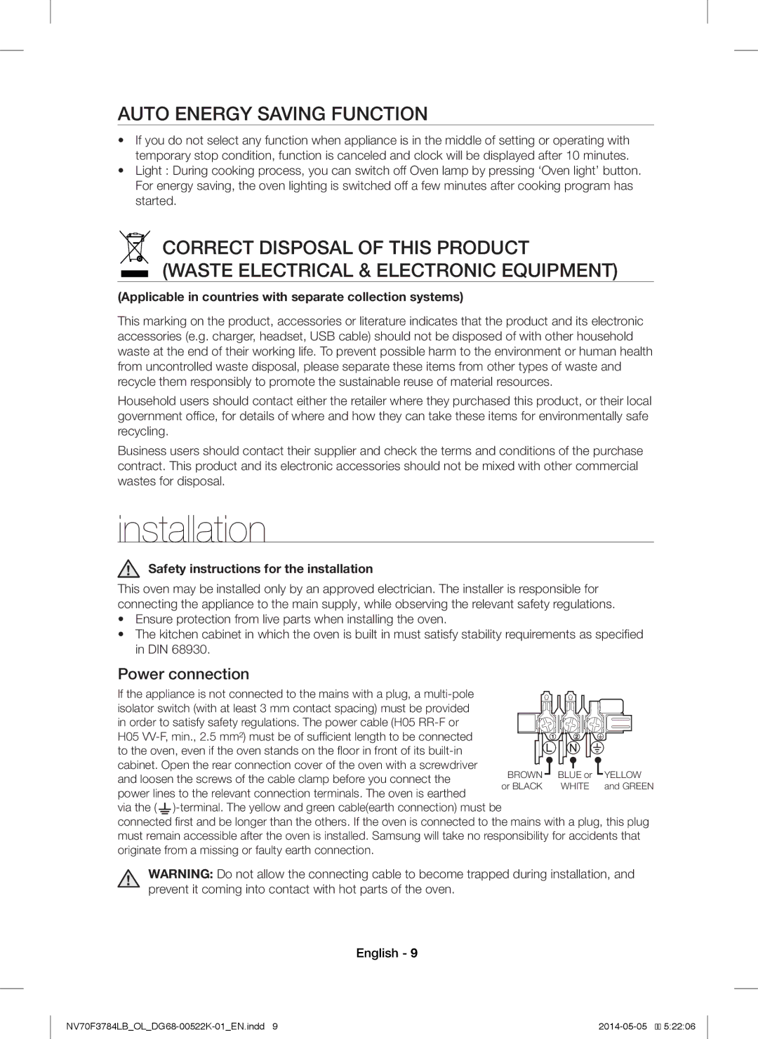 Samsung NV70F3784LB/OL manual Installation, Auto Energy Saving Function, Power connection 