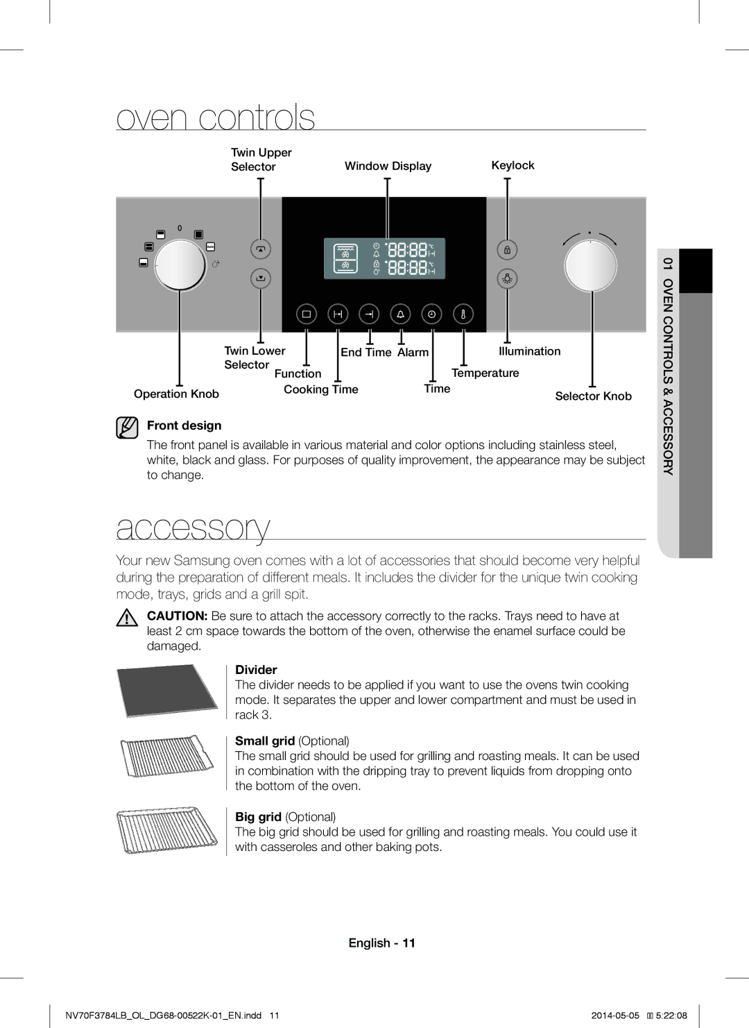 Samsung NV70F3784LB/OL manual Oven controls, Accessory, Front design, Divider, Small grid Optional 