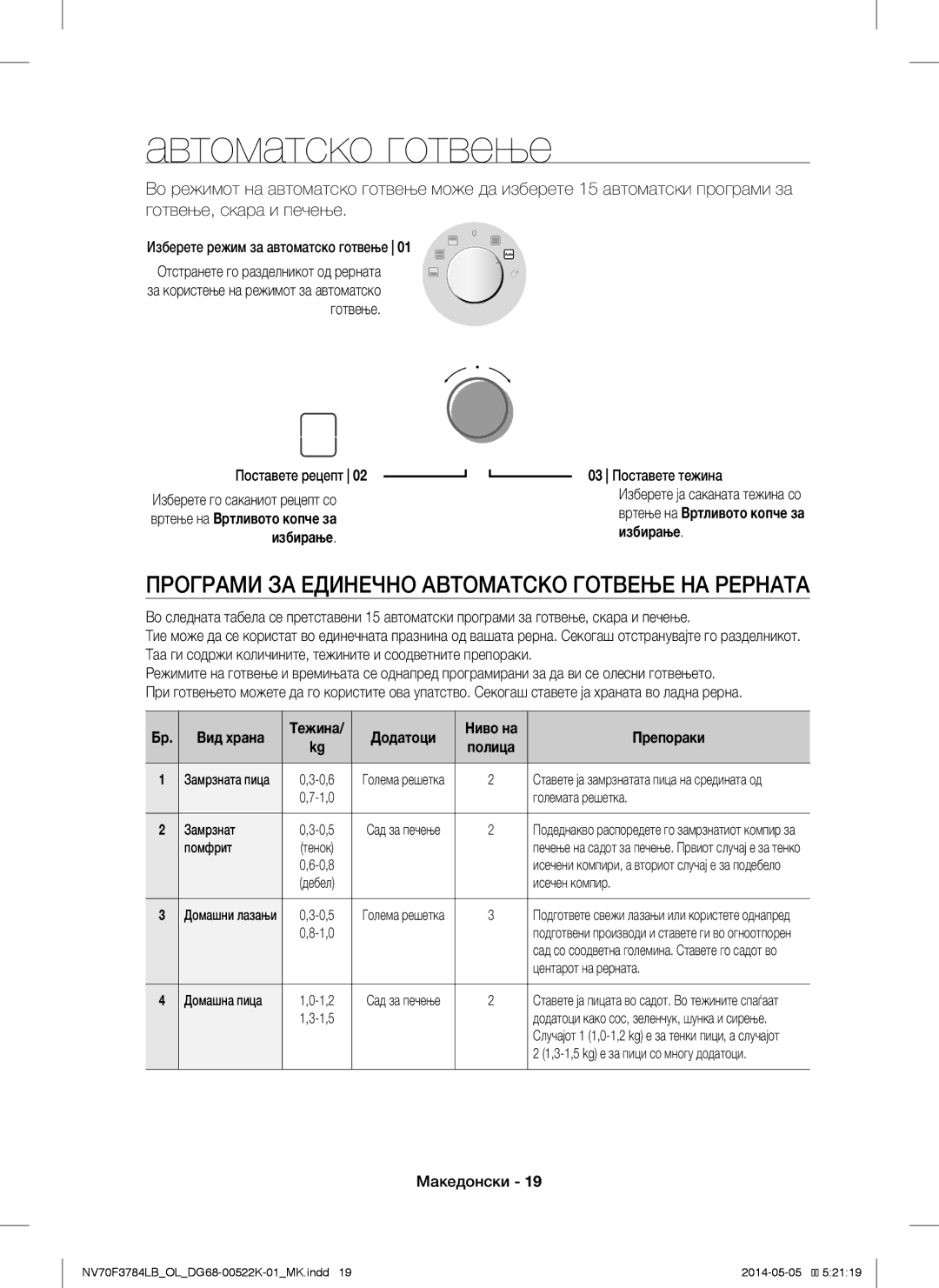 Samsung NV70F3784LB/OL manual Автоматско готвење, Избирање, Вид храна, Додатоци, Препораки 