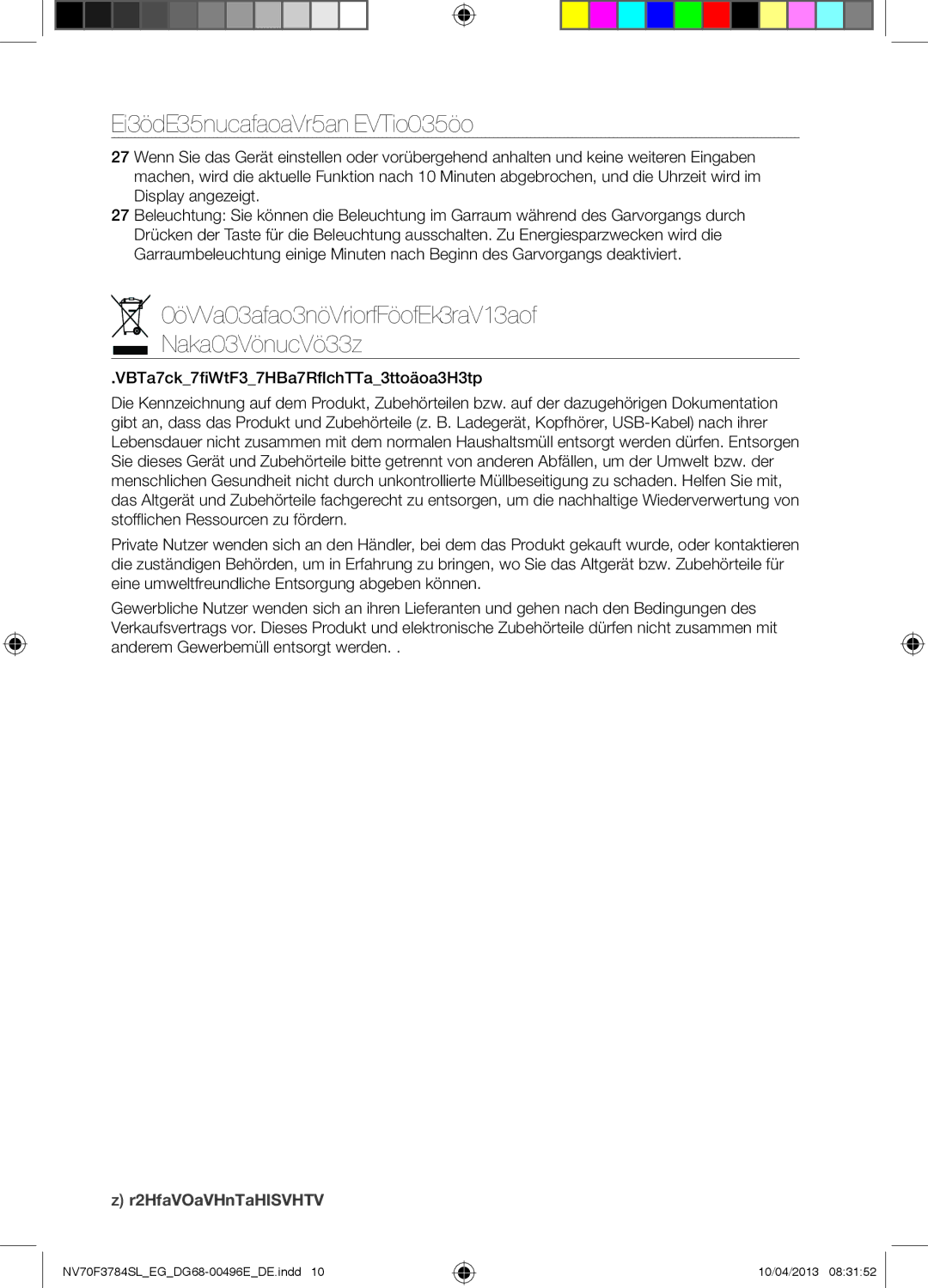 Samsung NV70F3784LS/EG manual Automatische Energiesparfunktion, Korrekte Entsorgung VON Altgeräten Elektroschrott 