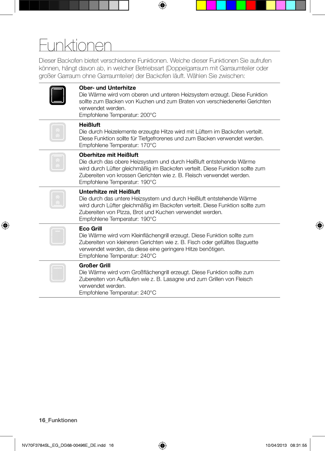 Samsung NV70F3784LS/EG manual Funktionen 