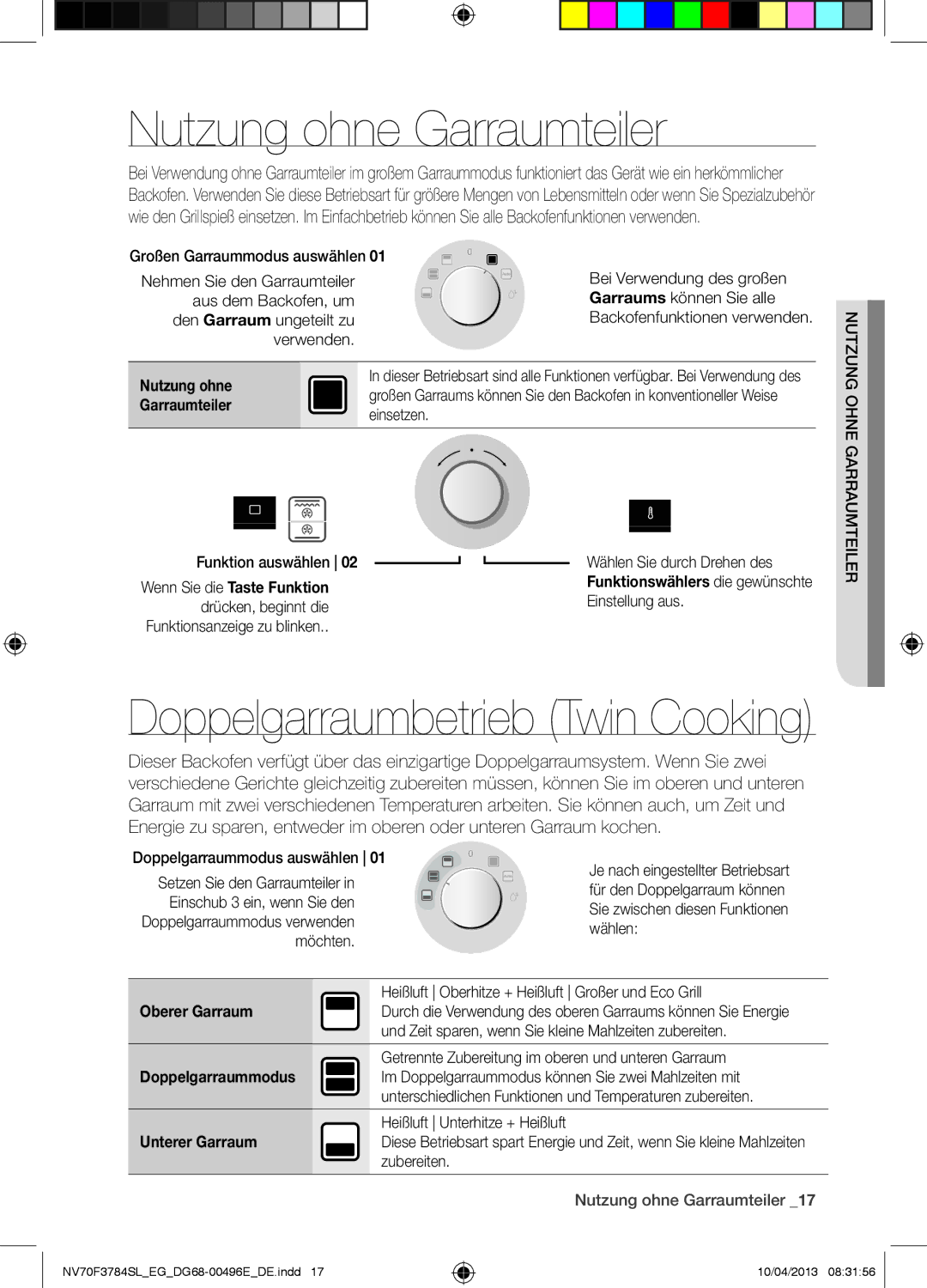 Samsung NV70F3784LS/EG Nutzung ohne Garraumteiler, Verwenden, Einsetzen, Ler ei aumtrrG ne gnuohz Nut Funktion auswählen 